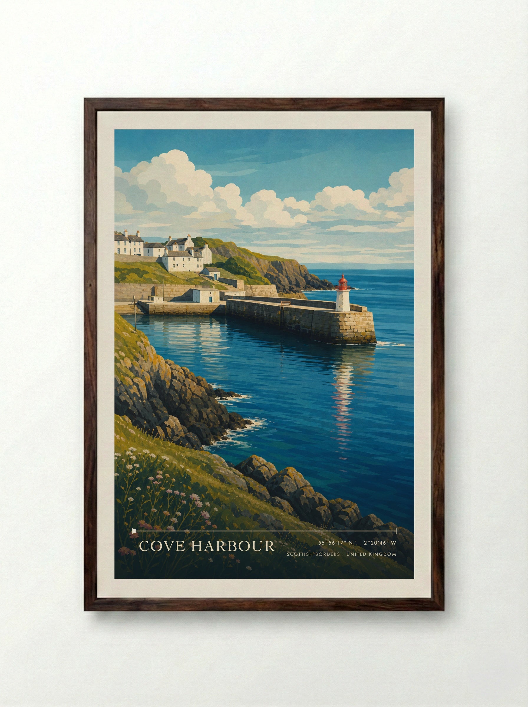 Cove Harbour Scottish Borders United Kingdom Travel Poster - Framed Print Dark Wood