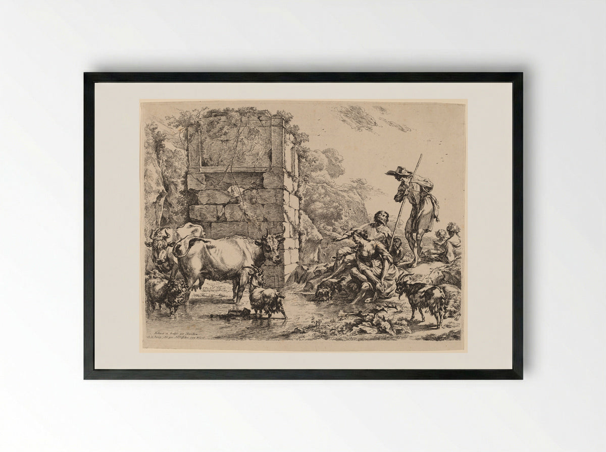 Cow Drinking - Nicolaes Berchem - Framed Print Black