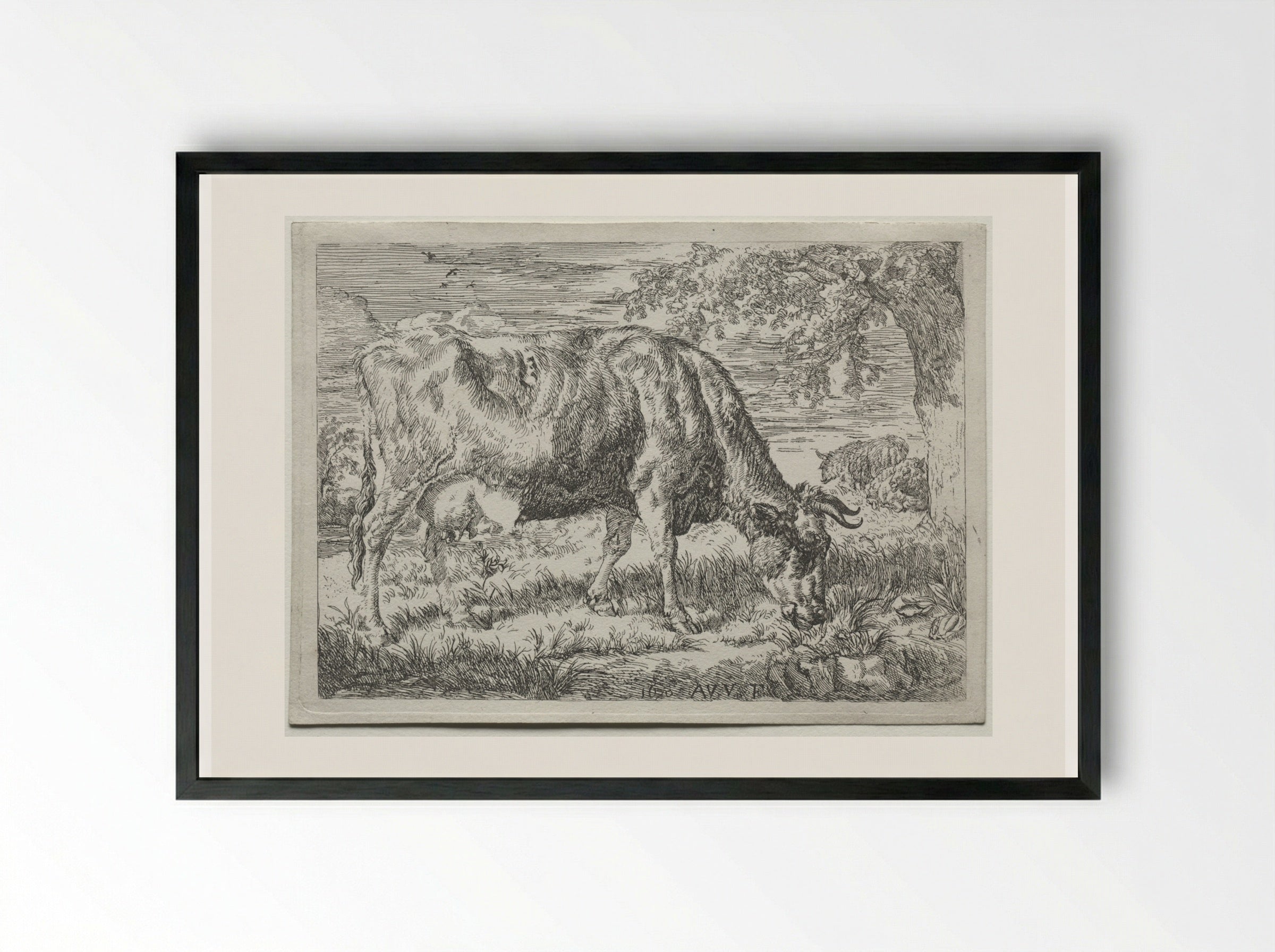 Cow and Two Sheep at the Foot of a Tree - Adriaen van de Velde - Framed Print Black