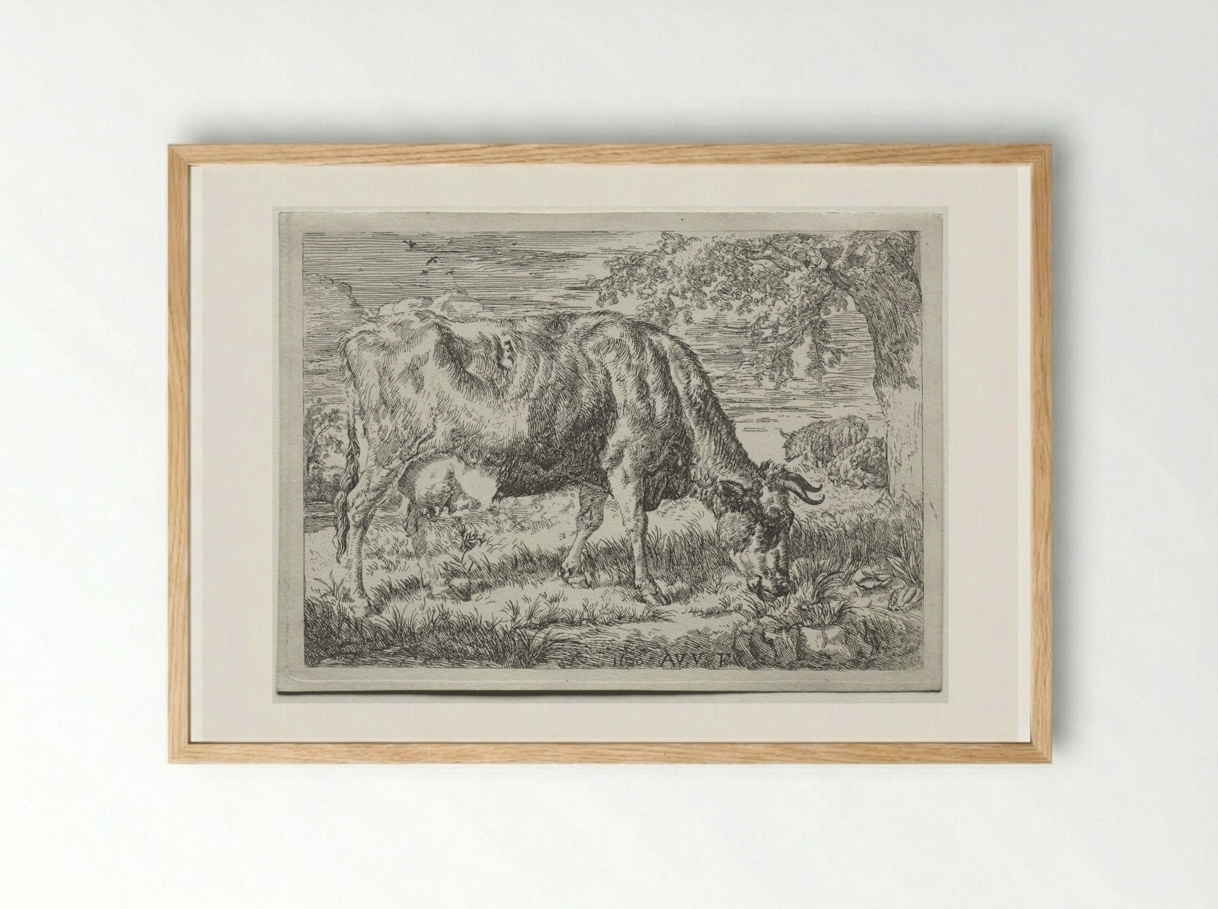 Cow and Two Sheep at the Foot of a Tree - Adriaen van de Velde - Framed Print Wood