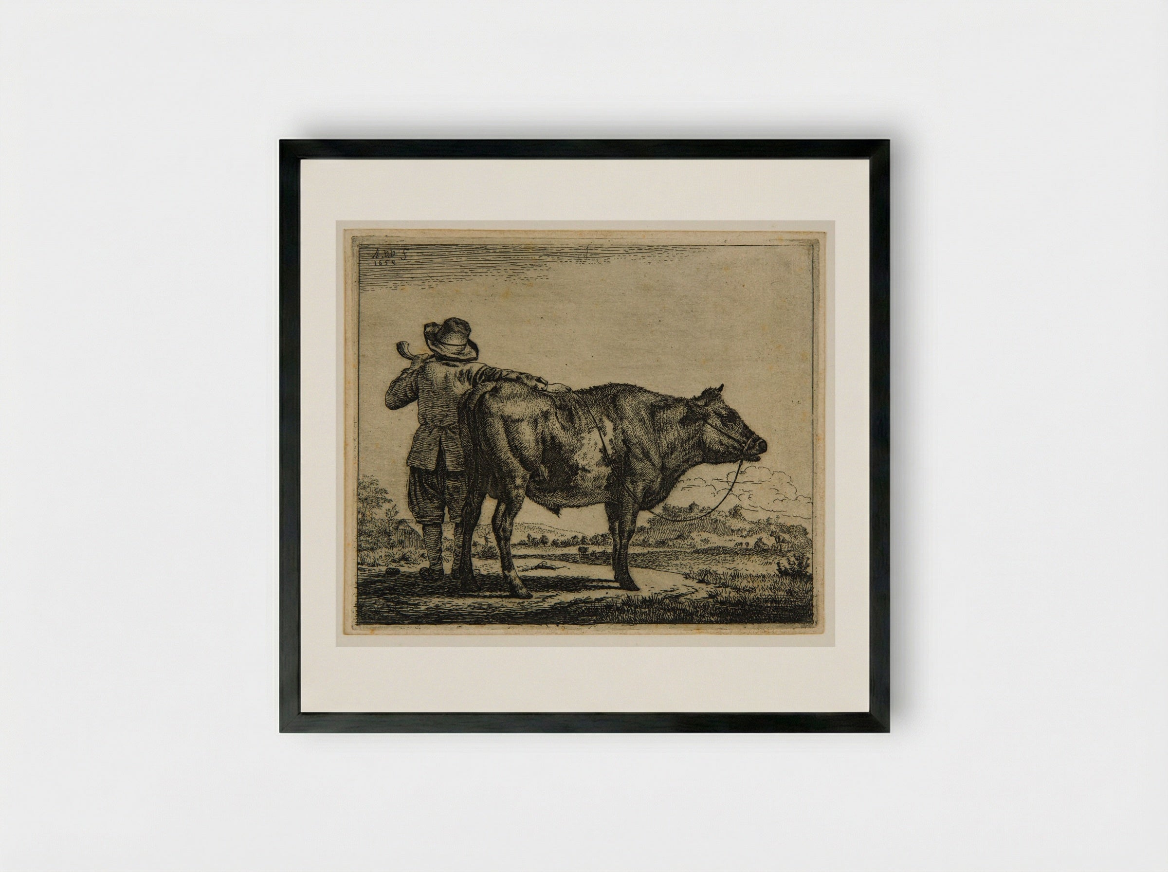 Cowherd and Bull - Adriaen van de Velde - Framed Print Black