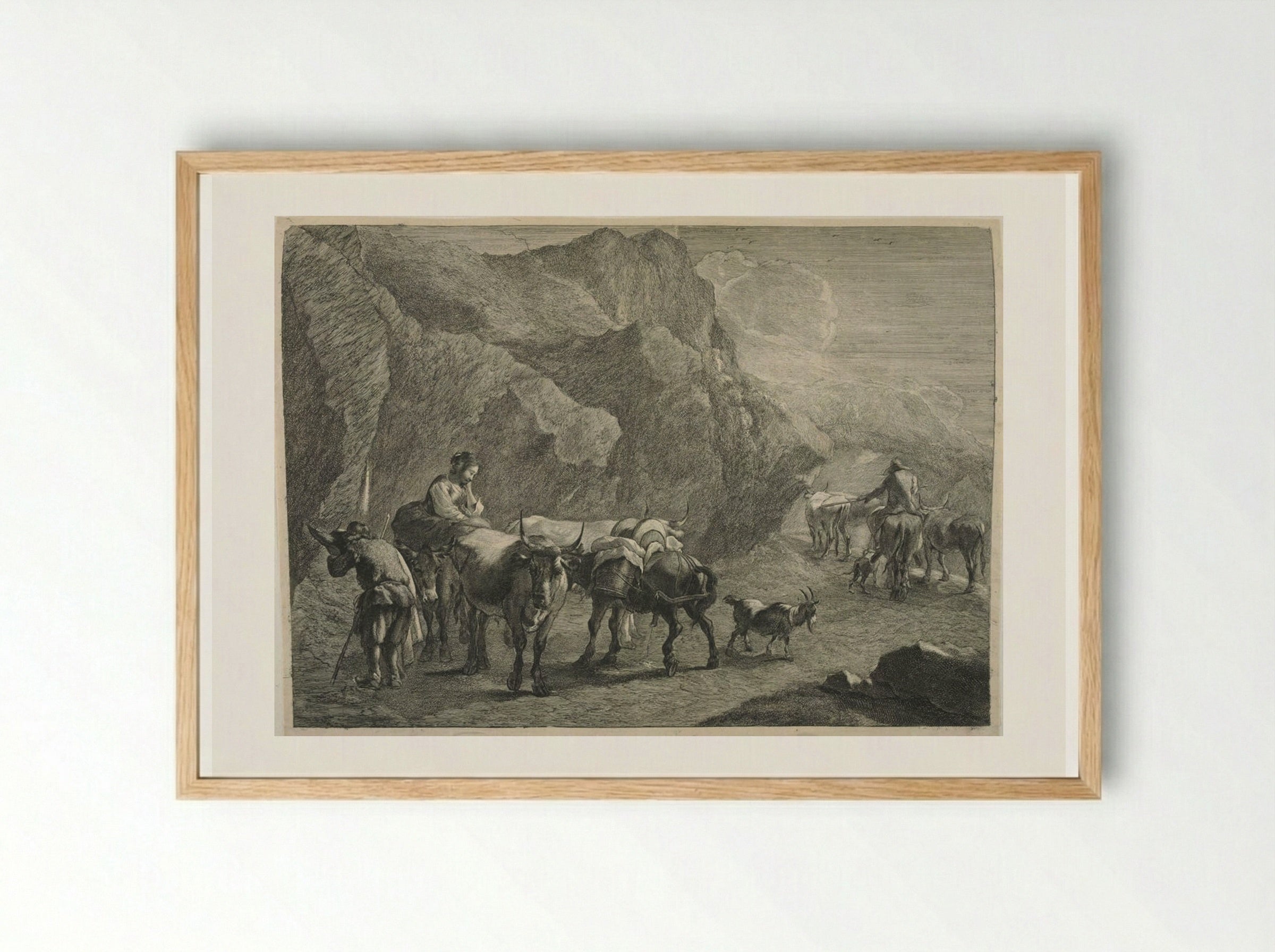 Cowherds and Cattle, Donkeys and a Goat, in a rocky landscape - Cornelis Visscher - Framed Print Wood