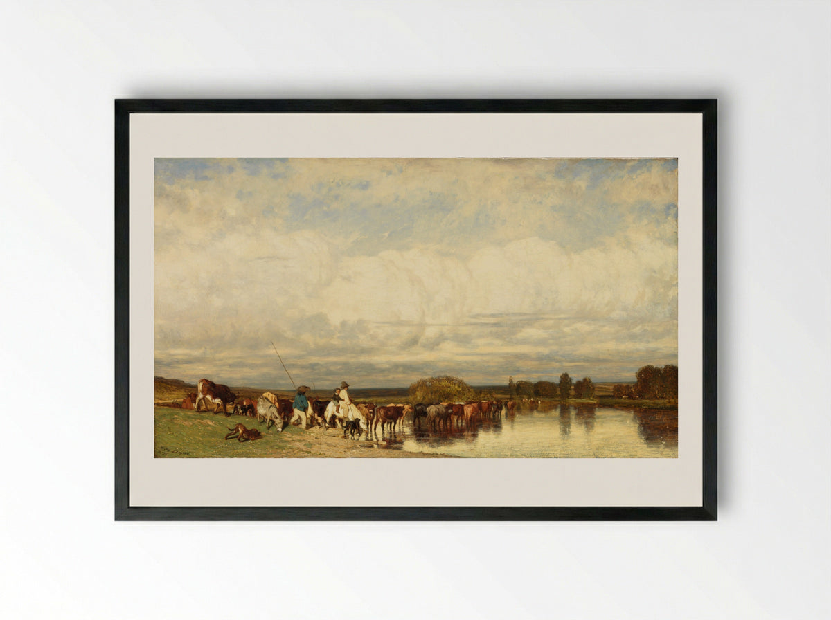 Cows Crossing a Ford - Jules Dupré - Framed Print Black