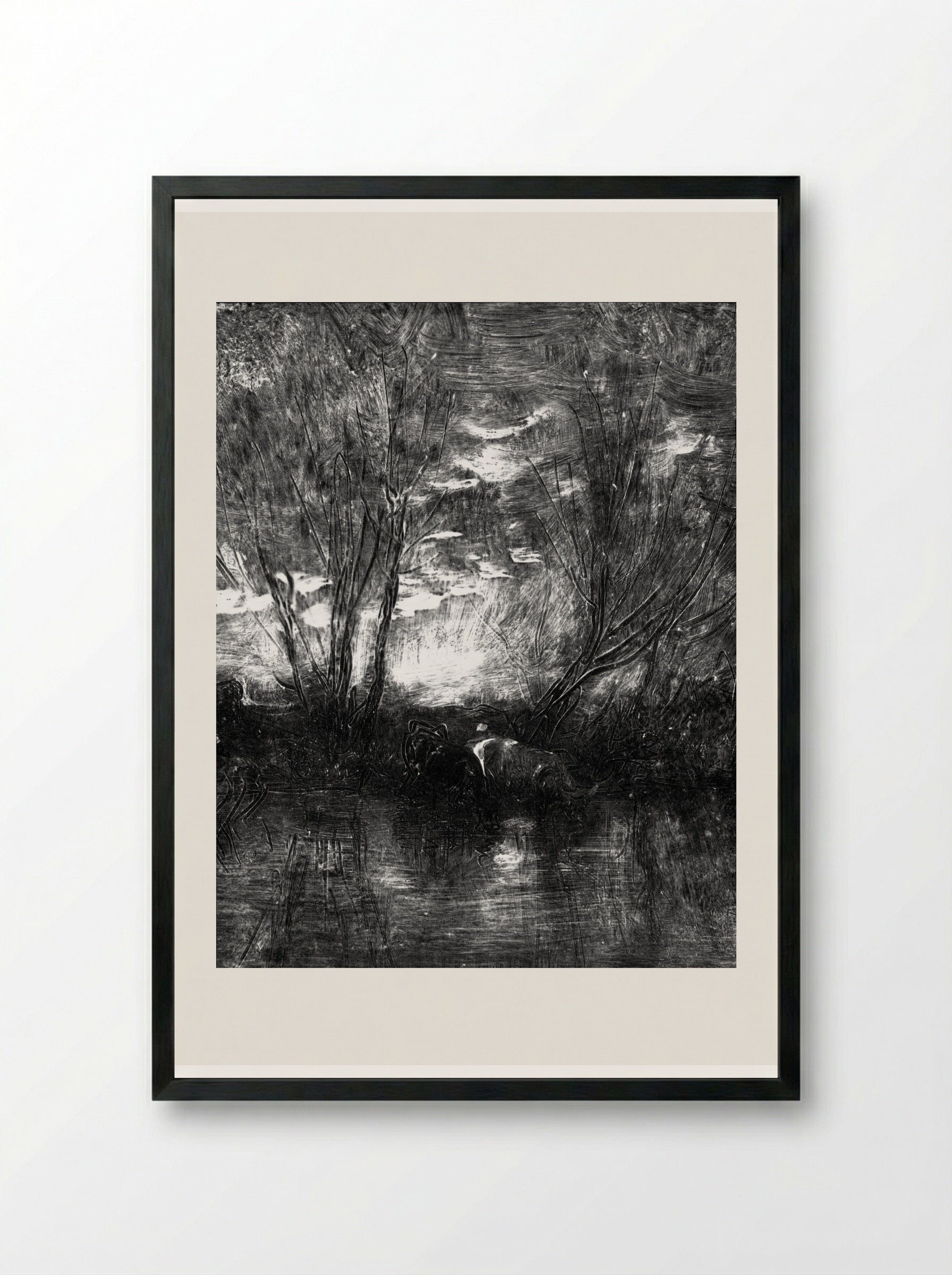 Cows at the Watering-Place - Charles-François Daubigny - Framed Print Black