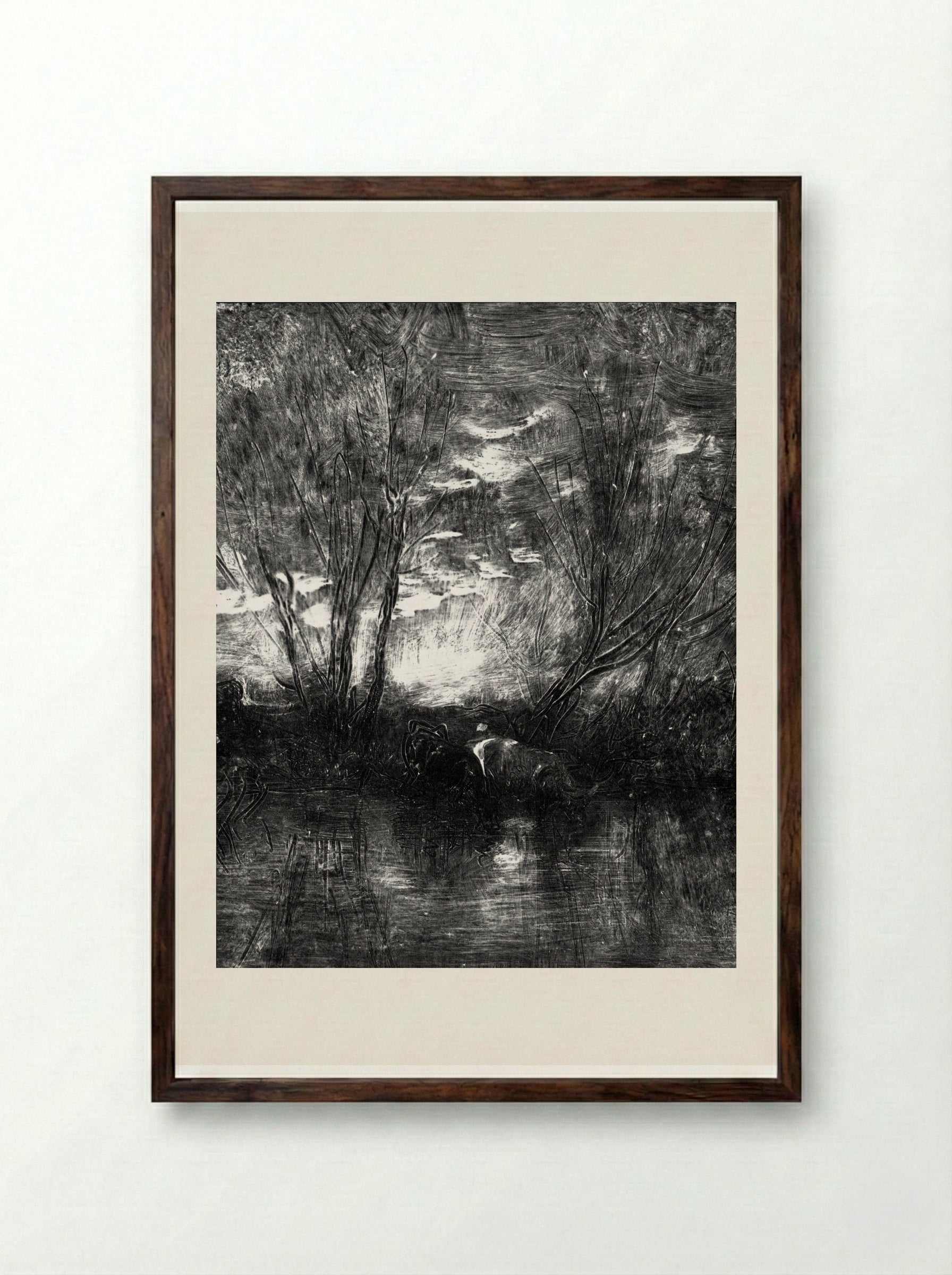 Cows at the Watering-Place - Charles-François Daubigny - Framed Print Dark Wood
