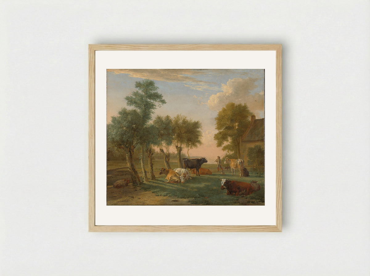 Cows in a Meadow near a Farm - Paulus Potter - Framed Print Wood