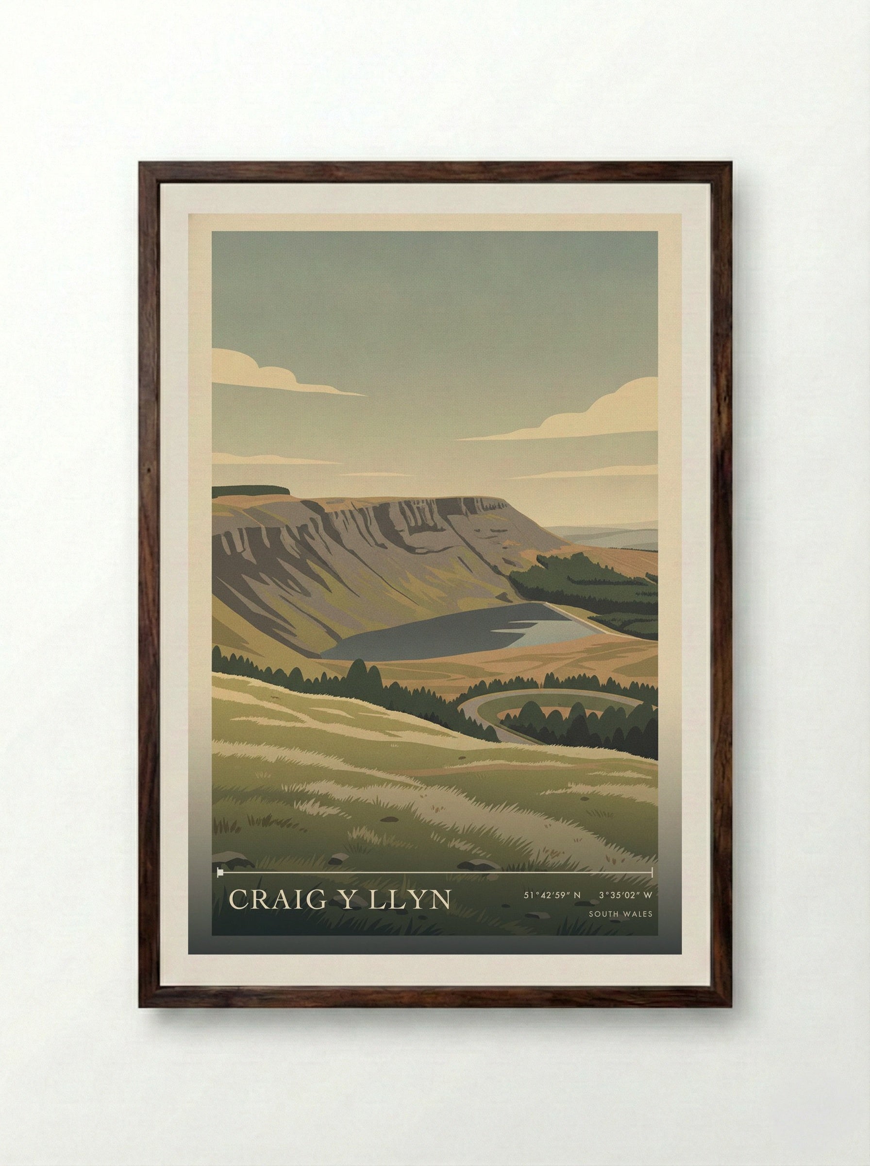 Craig y Llyn South Wales Wales Travel Poster - Framed Print Dark Wood