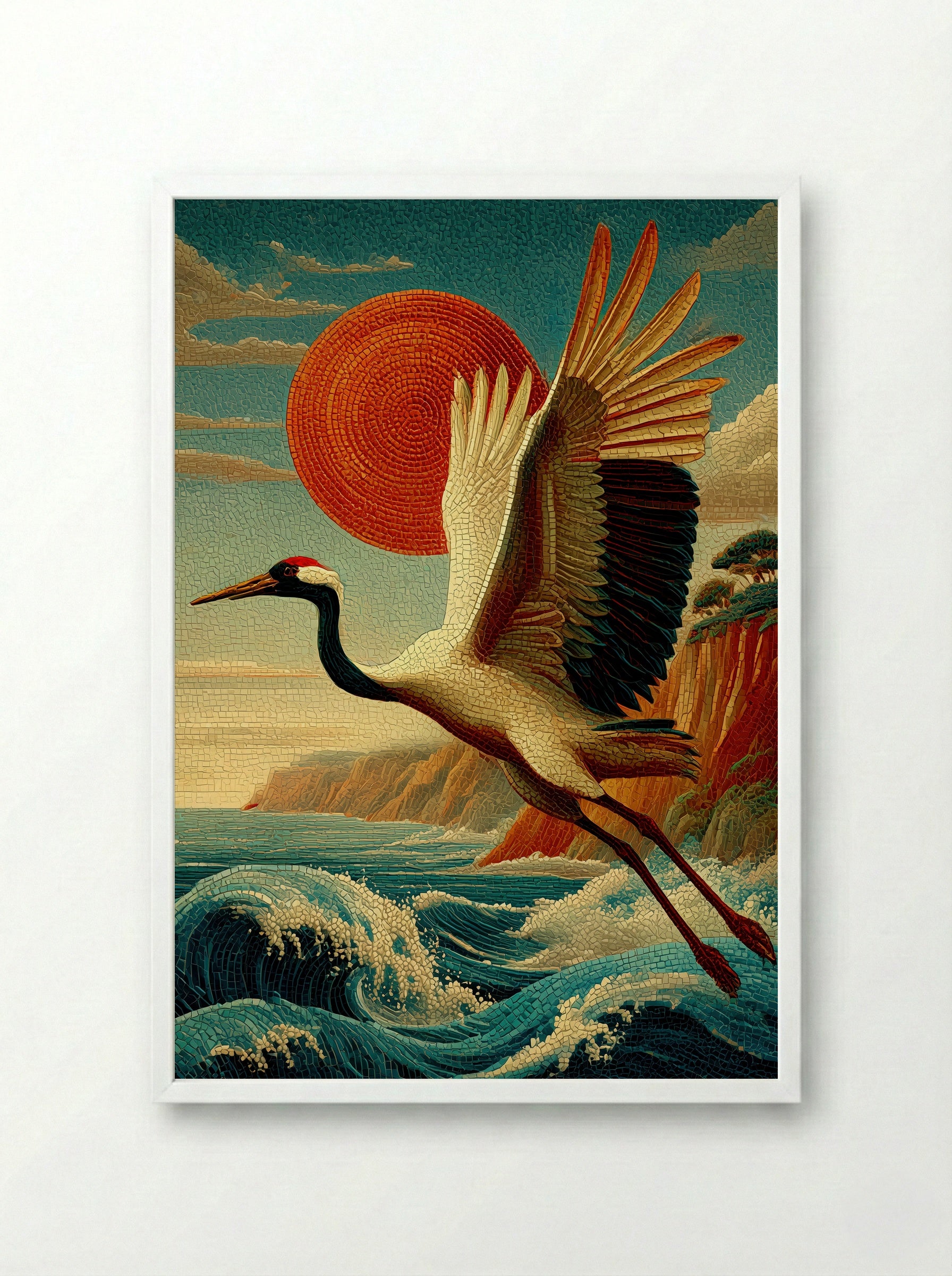 Crane Over Crimson Sun – Japanese Mosaic Print - Framed Print White