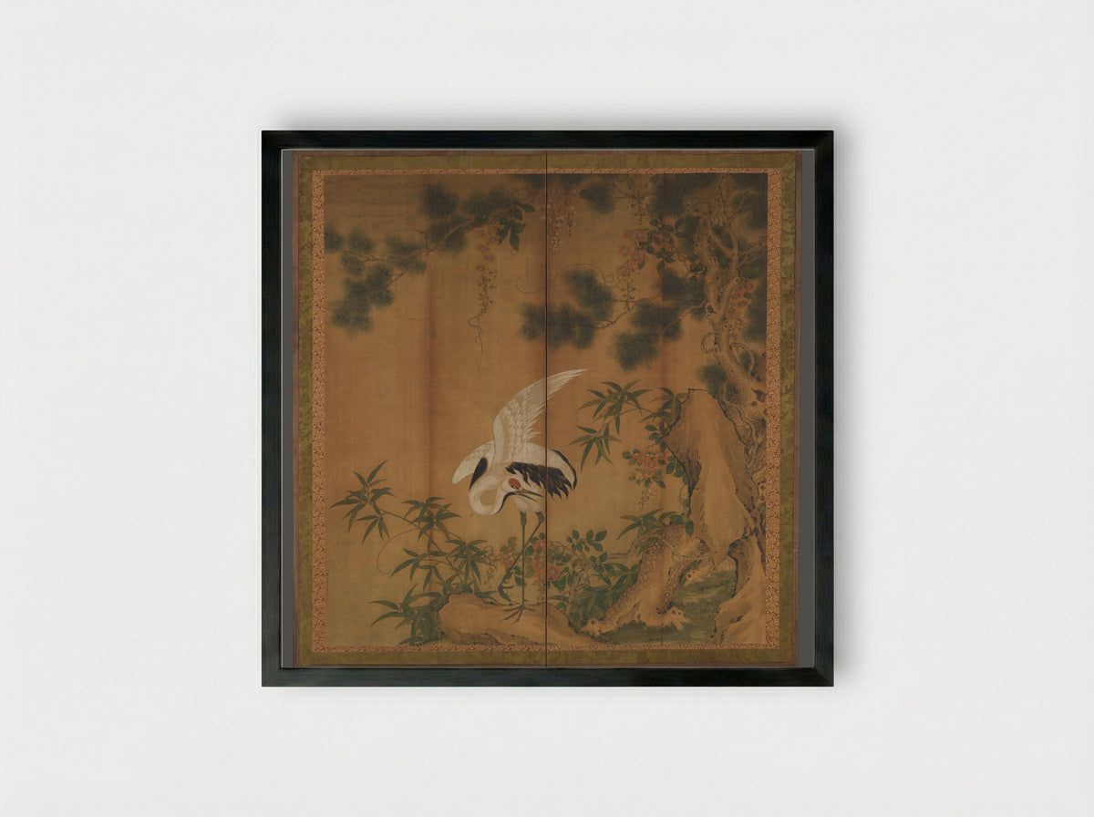 Crane, Pine, and Rock - Chen Zhaofeng - Framed Print Black