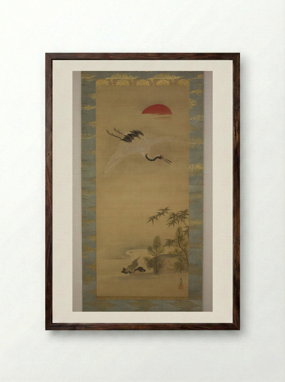Crane, Tortoise, Pine, and Bamboo under a Rising Sun - Kano Chikanobu - Framed Print Dark Wood