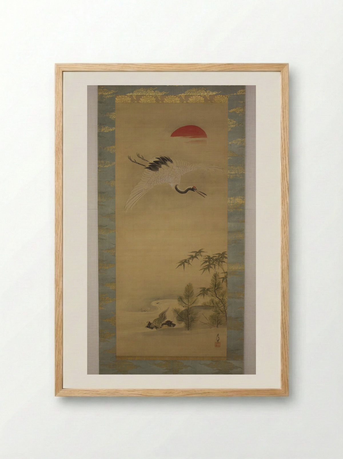 Crane, Tortoise, Pine, and Bamboo under a Rising Sun - Kano Chikanobu - Framed Print Wood