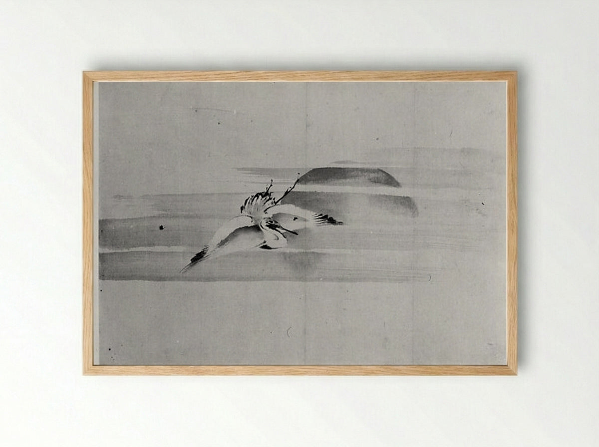 Crane and Sun - Hokusai School - Framed Print Wood