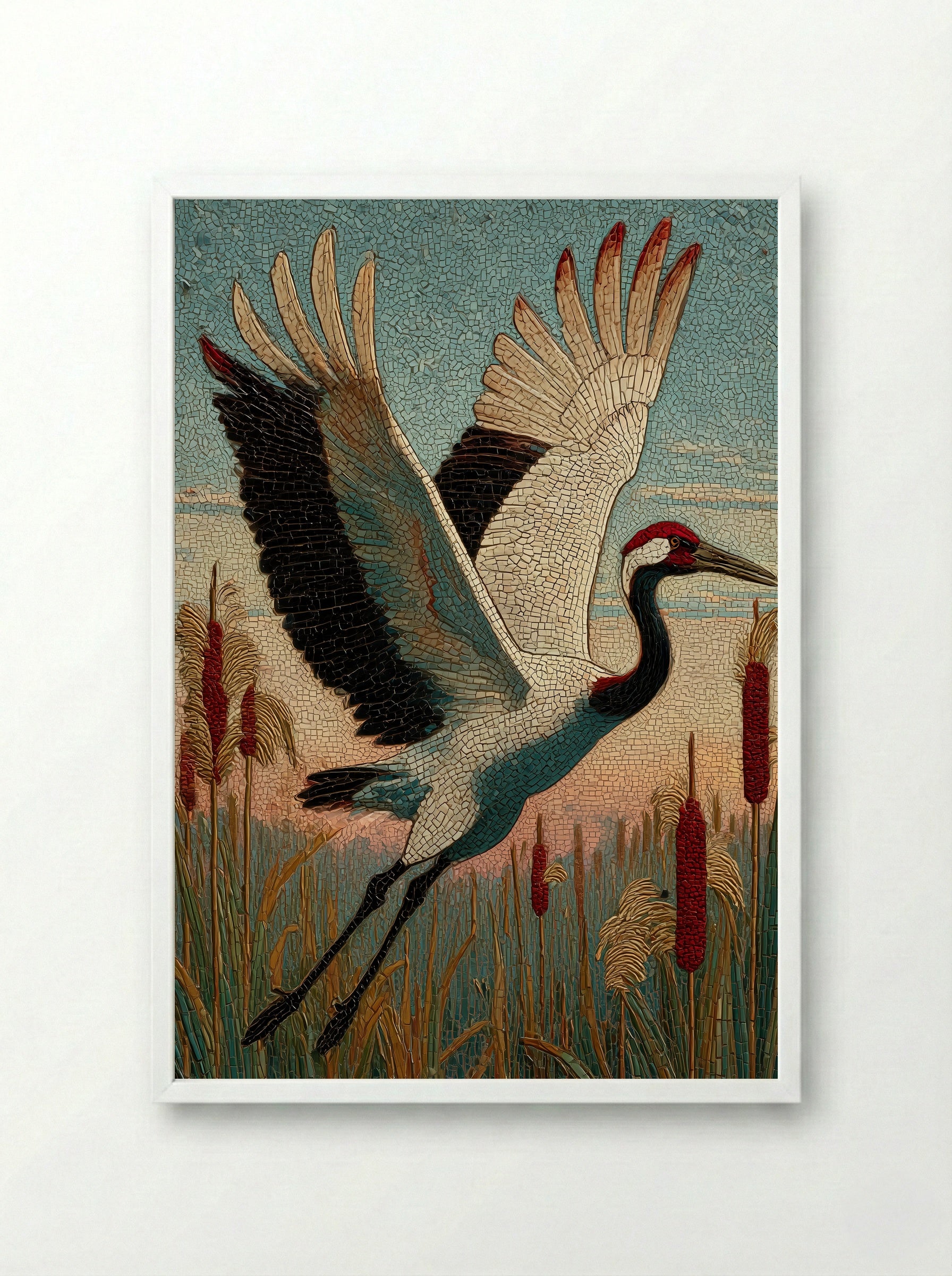 Crane over Reeds - Japanese Mosaic Print - Framed Print White