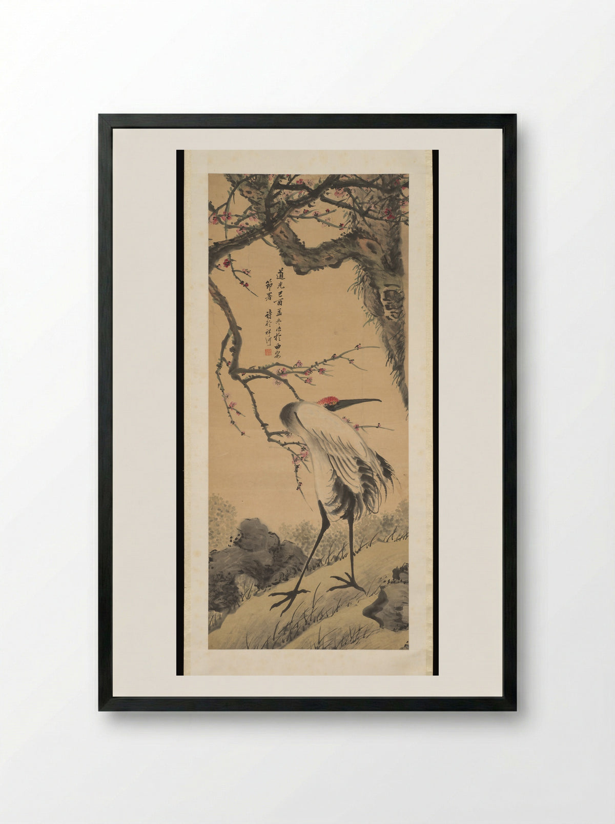 Crane under Prunus - Xiang He - Framed Print Black