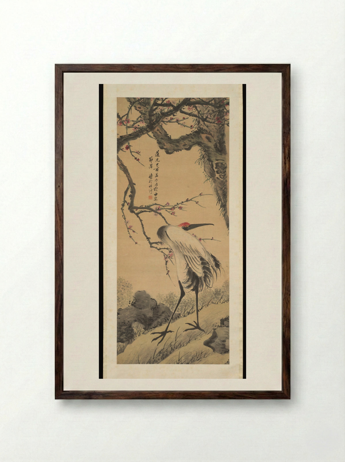 Crane under Prunus - Xiang He - Framed Print Dark Wood