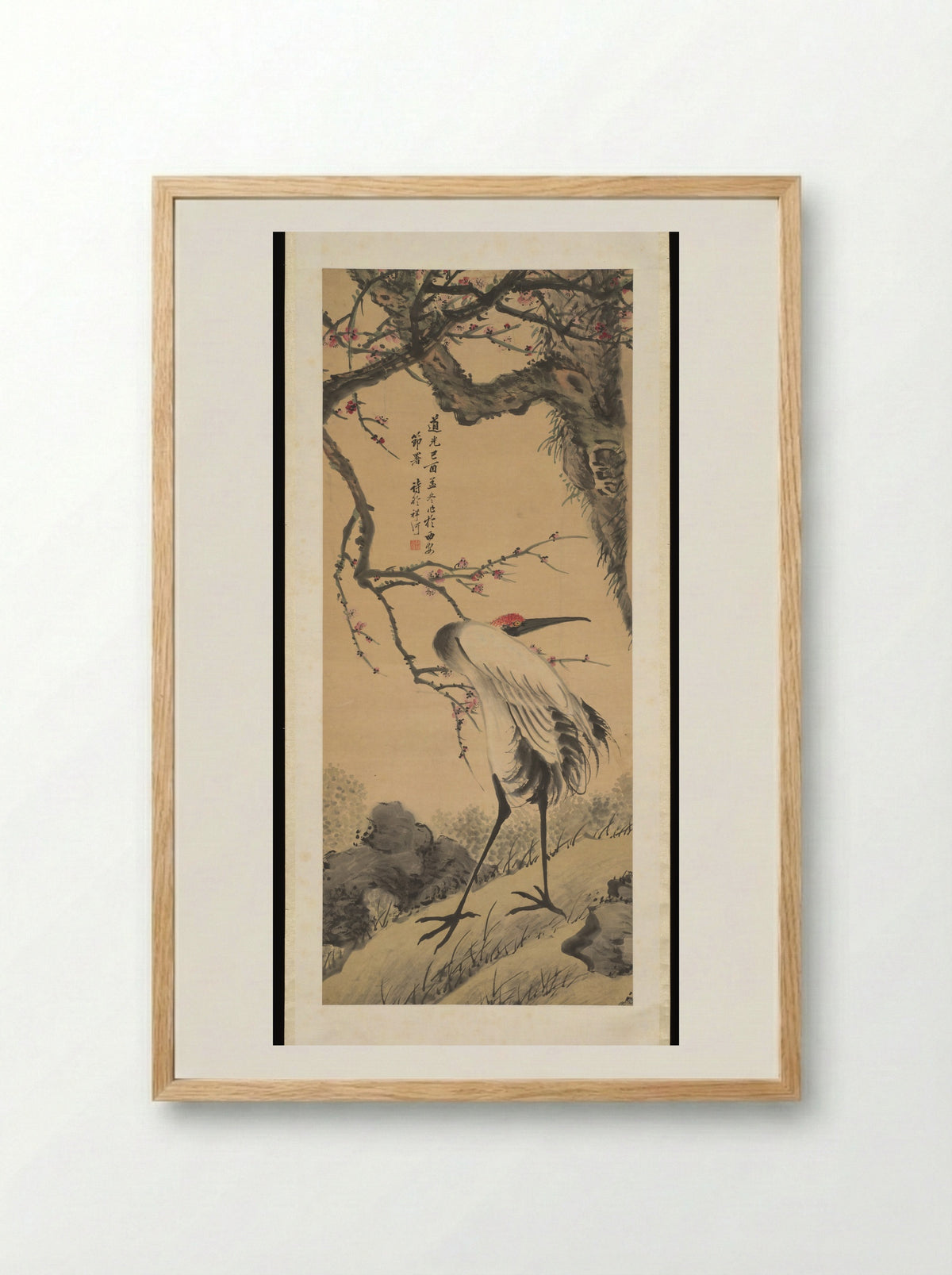 Crane under Prunus - Xiang He - Framed Print Wood