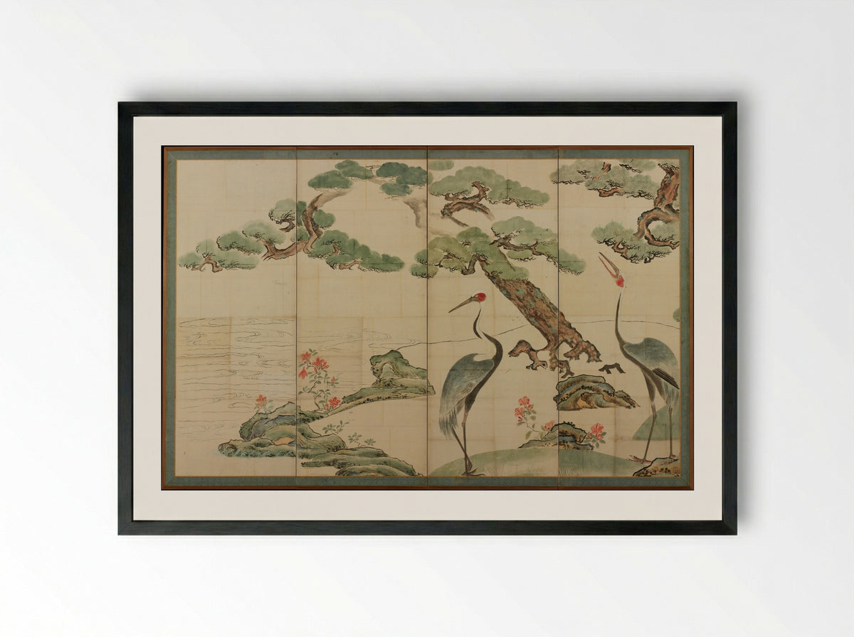 Cranes, Pines, and Bamboo - Ogata Kōrin - Framed Print Black