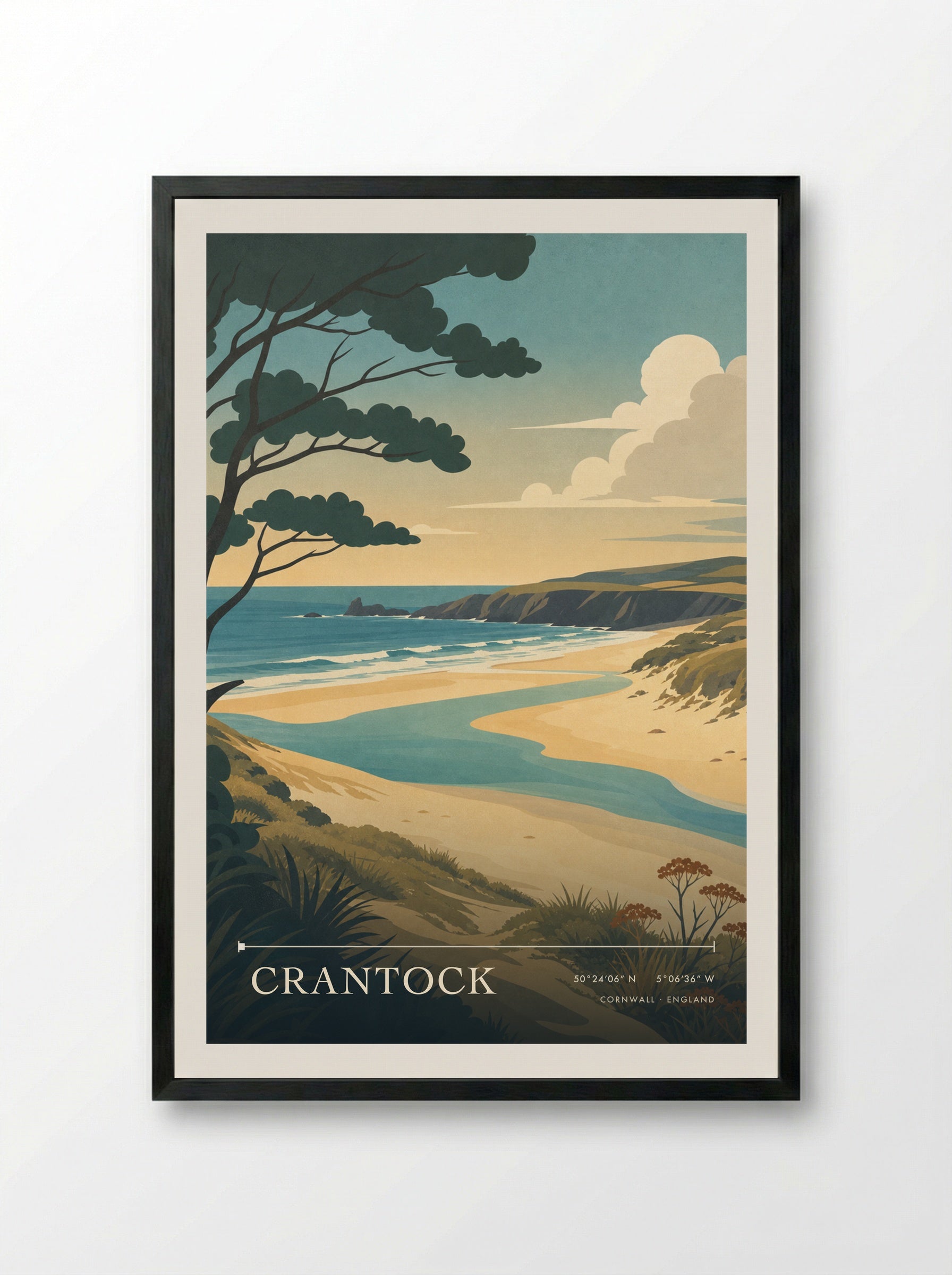 Crantock Cornwall England Travel Poster - Framed Print Black