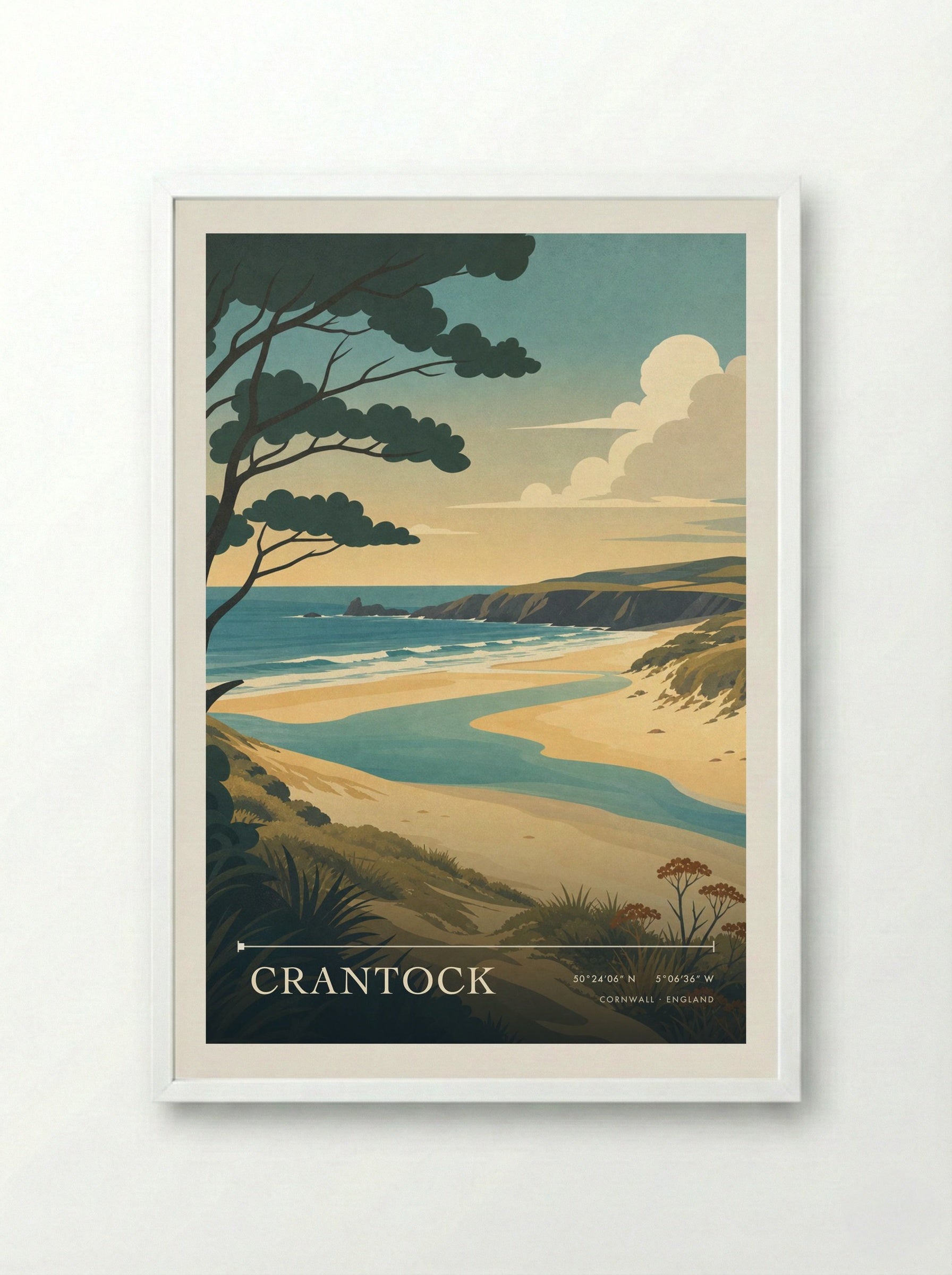 Crantock Cornwall England Travel Poster - Framed Print White