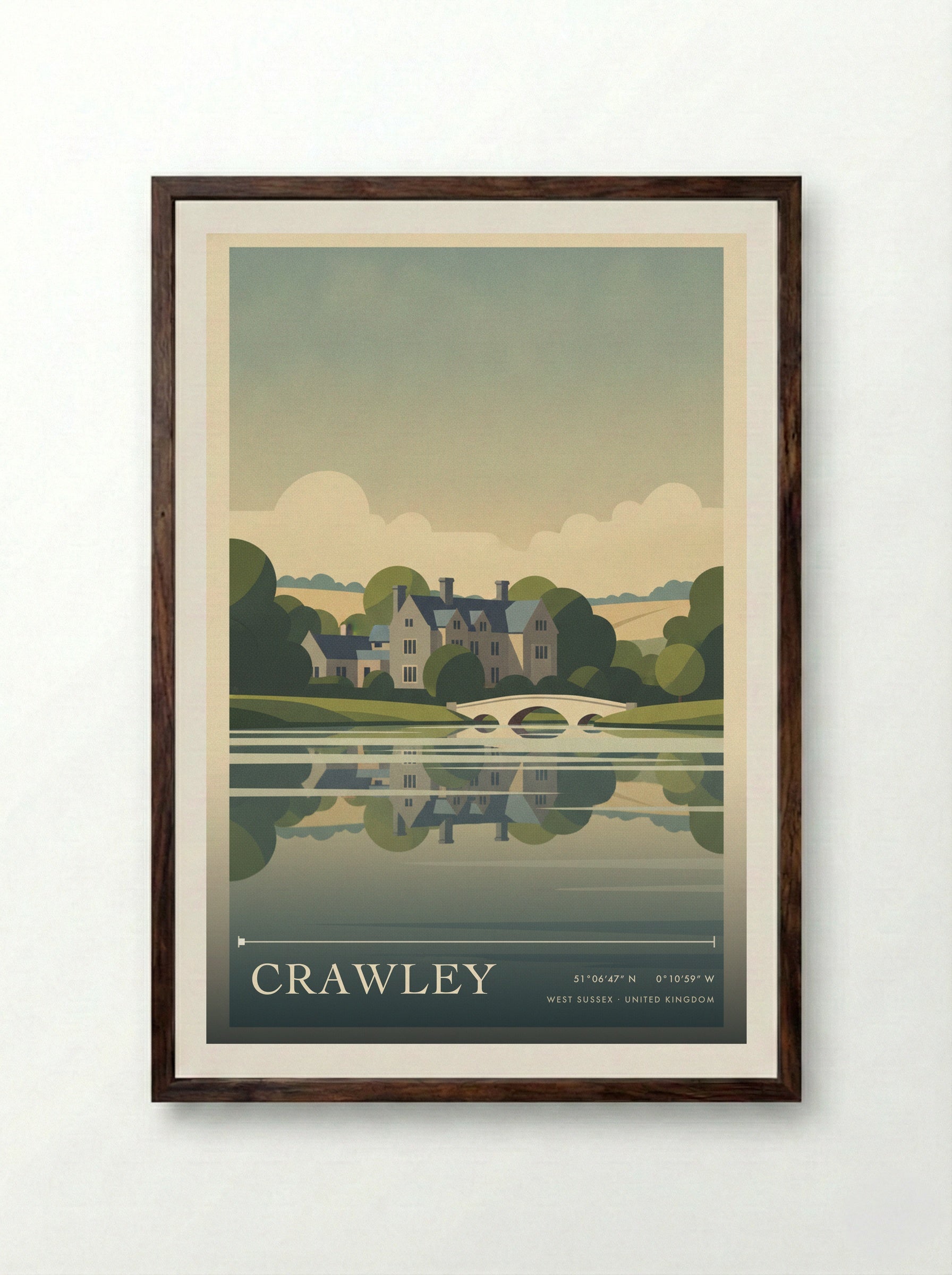 Crawley West Sussex United Kingdom Travel Poster - Framed Print Dark Wood