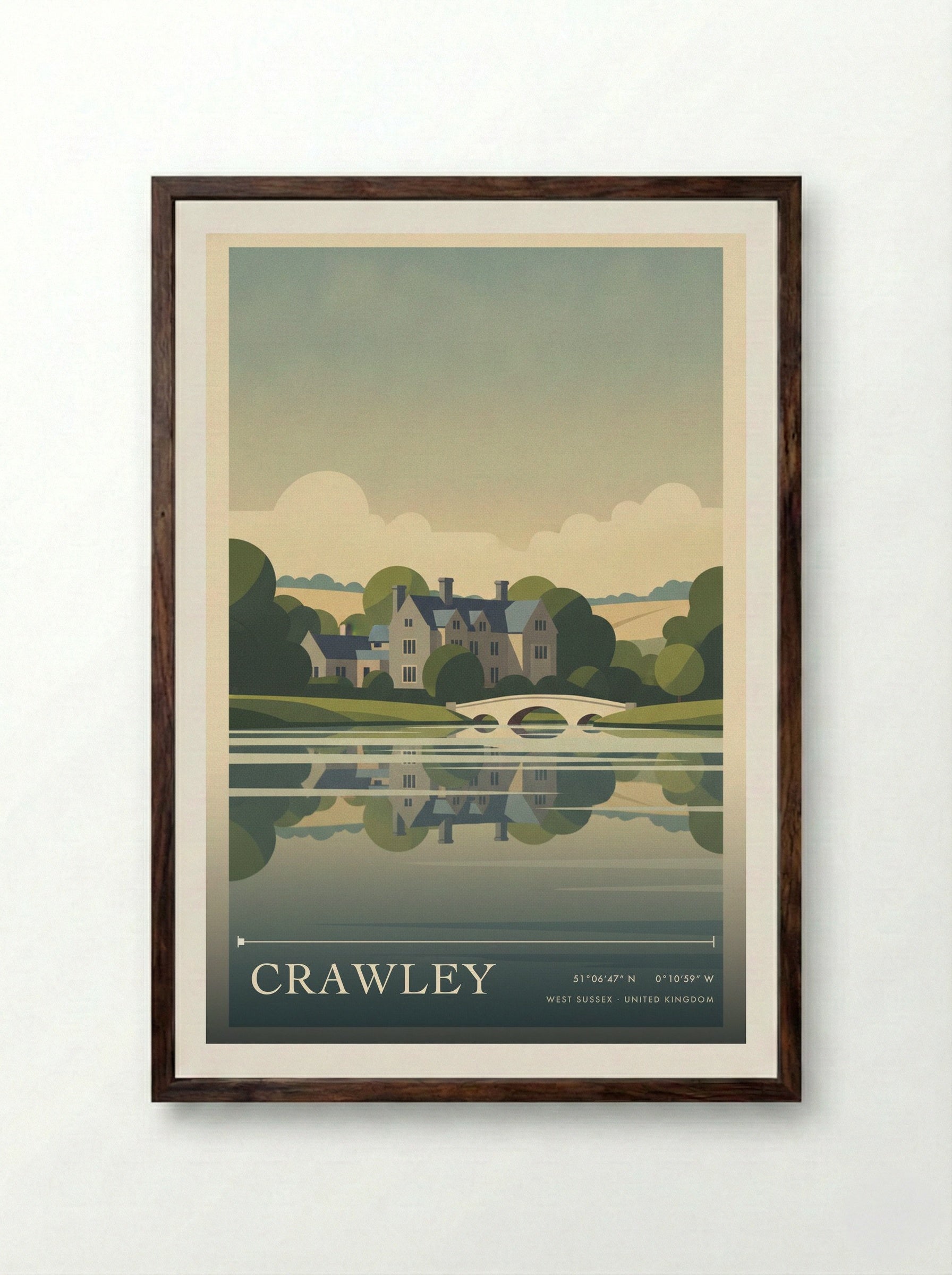 Crawley West Sussex United Kingdom Travel Poster - Framed Print Dark Wood