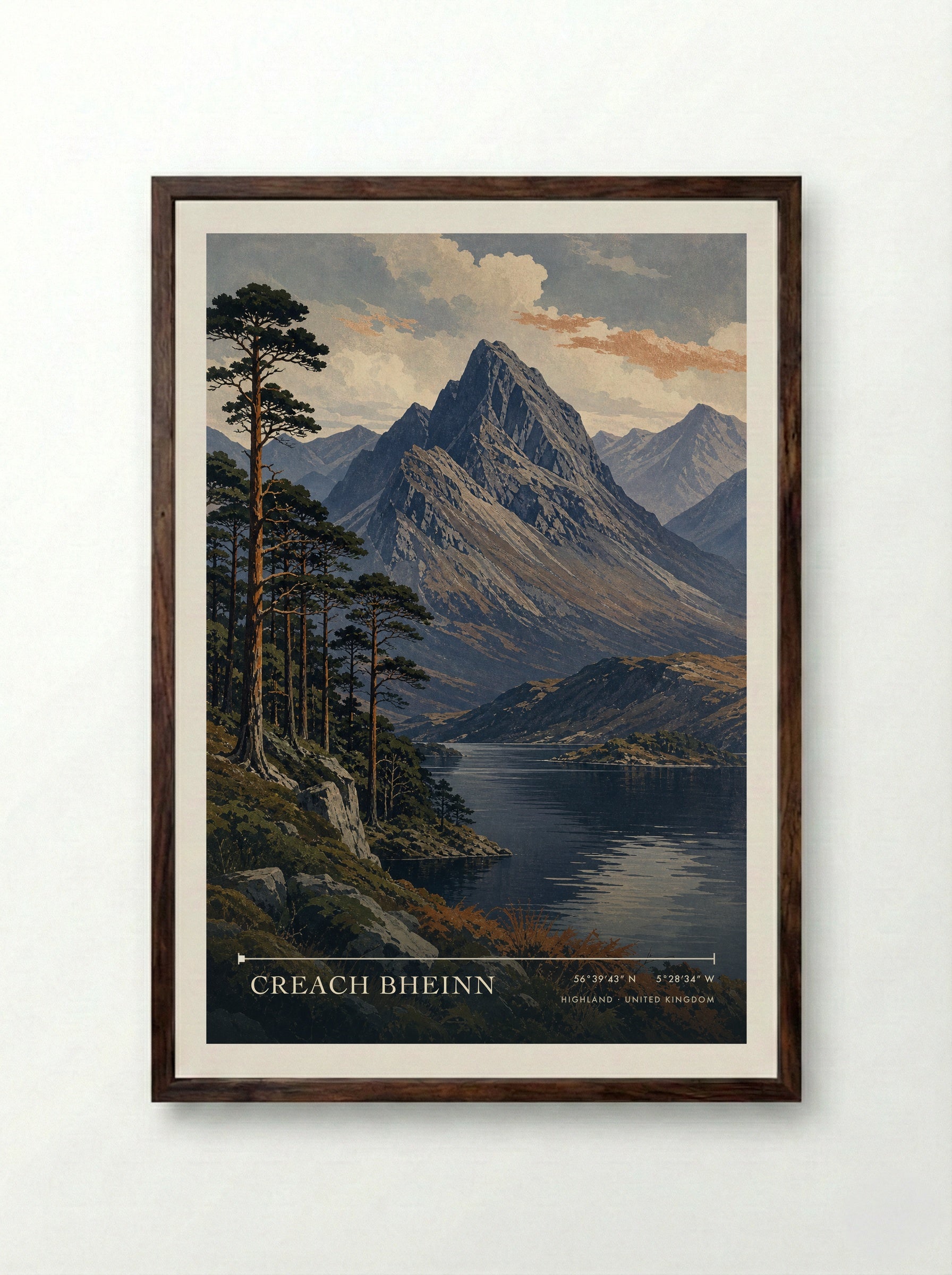 Creach Bheinn Highland United Kingdom Travel Poster - Framed Print Dark Wood