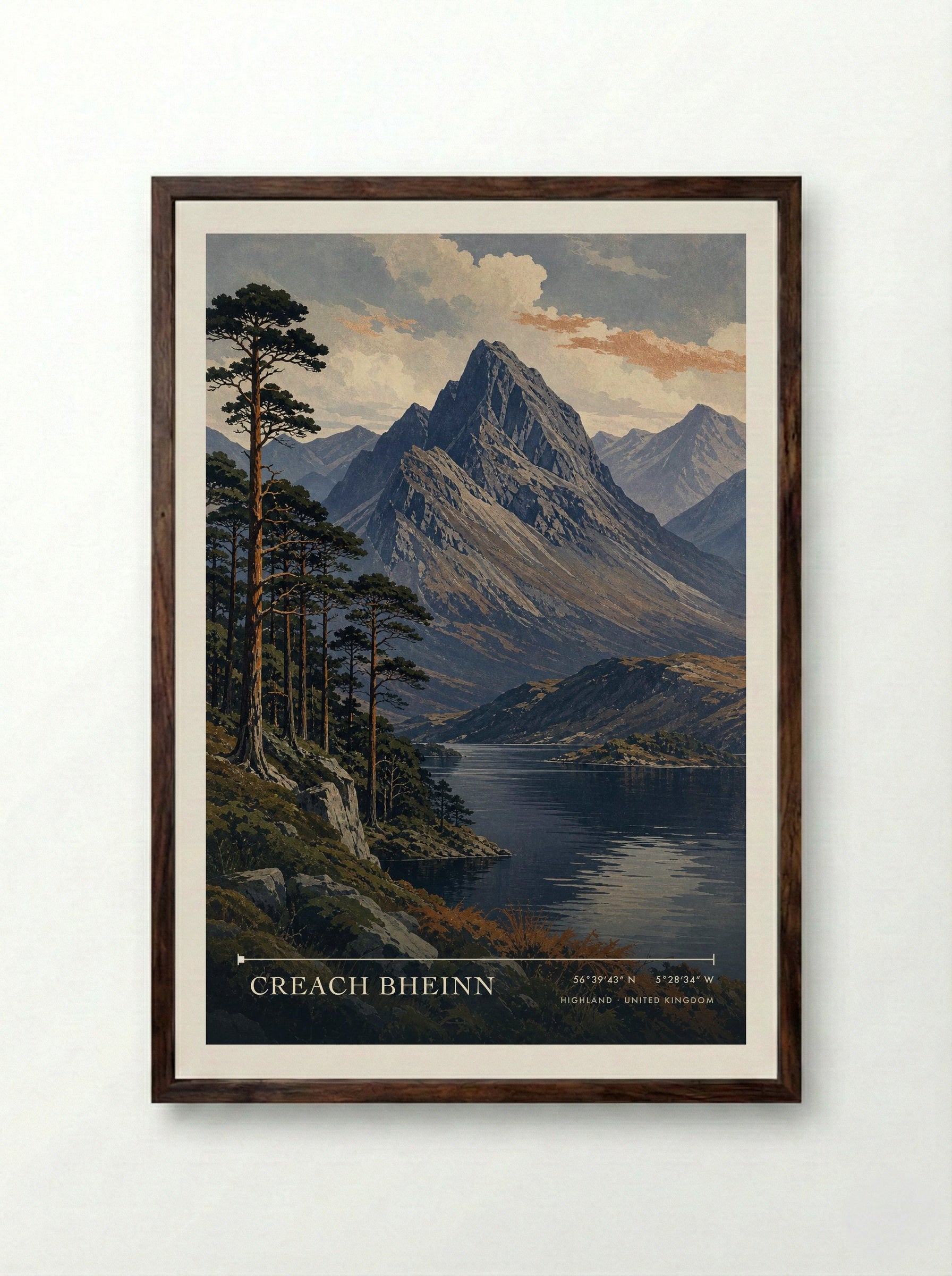 Creach Bheinn Highland United Kingdom Travel Poster - Framed Print Dark Wood
