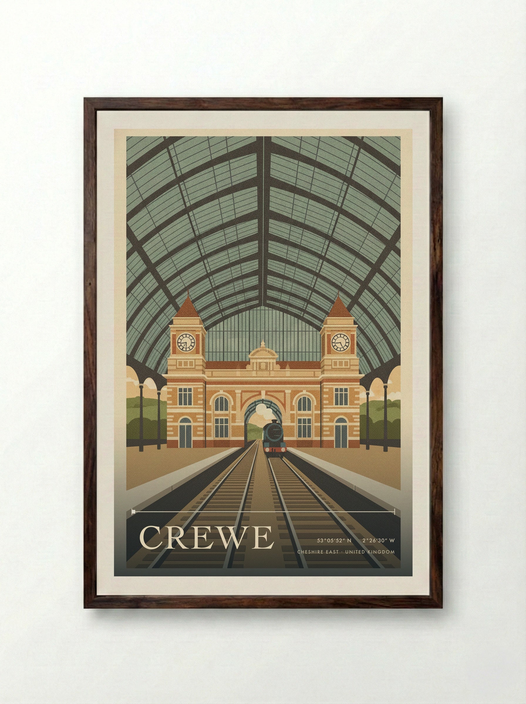 Crewe Cheshire East United Kingdom Travel Poster - Framed Print Dark Wood