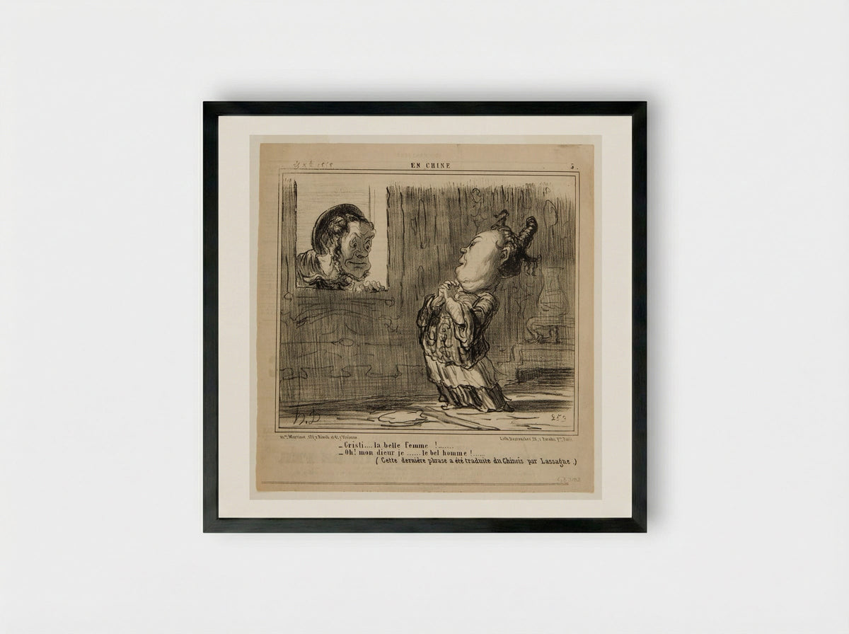 -Cristi... la belle femme!... -Oh! mon dieur je... le bel homme!... - Honoré-Victorin Daumier - Framed Print Black