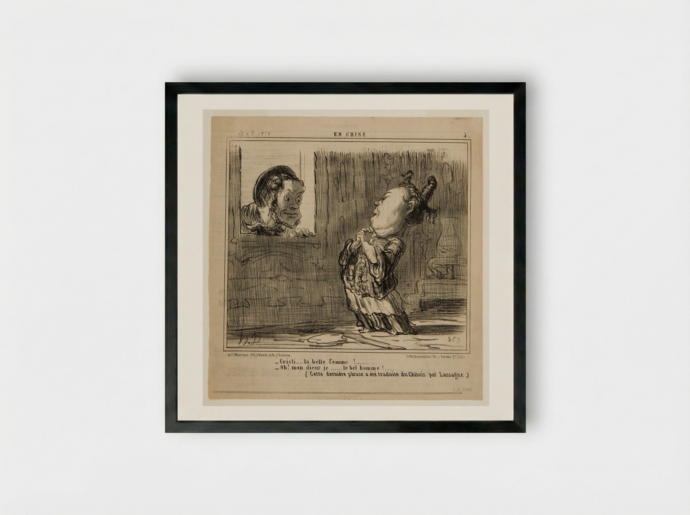 -Cristi... la belle femme!... -Oh! mon dieur je... le bel homme!... - Honoré-Victorin Daumier - Framed Print Black