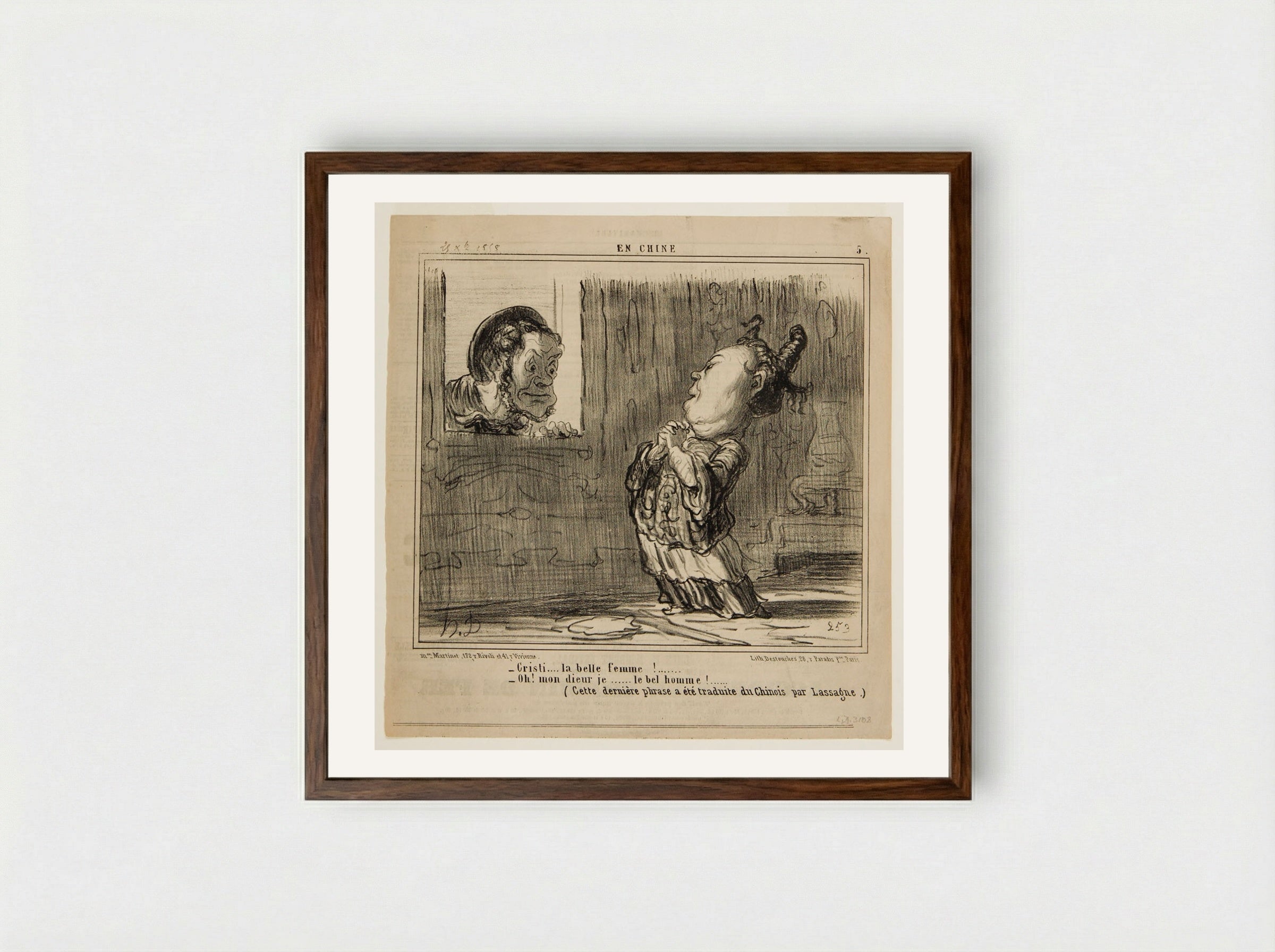 -Cristi... la belle femme!... -Oh! mon dieur je... le bel homme!... - Honoré-Victorin Daumier - Framed Print Dark Wood