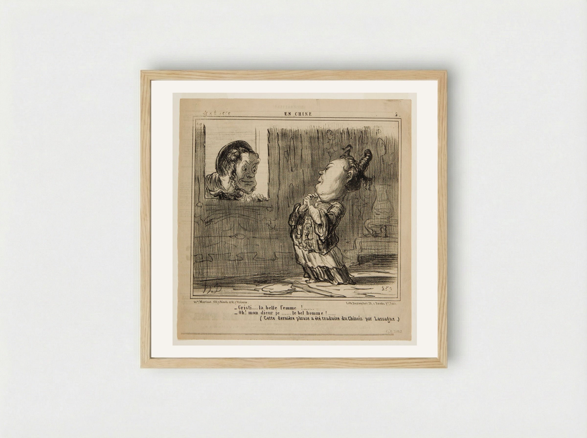 -Cristi... la belle femme!... -Oh! mon dieur je... le bel homme!... - Honoré-Victorin Daumier - Framed Print Wood
