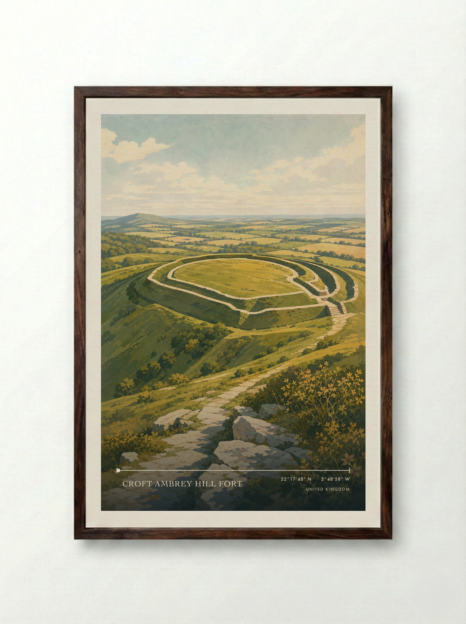 Croft Ambrey Hill Fort United Kingdom Travel Poster - Framed Print Dark Wood