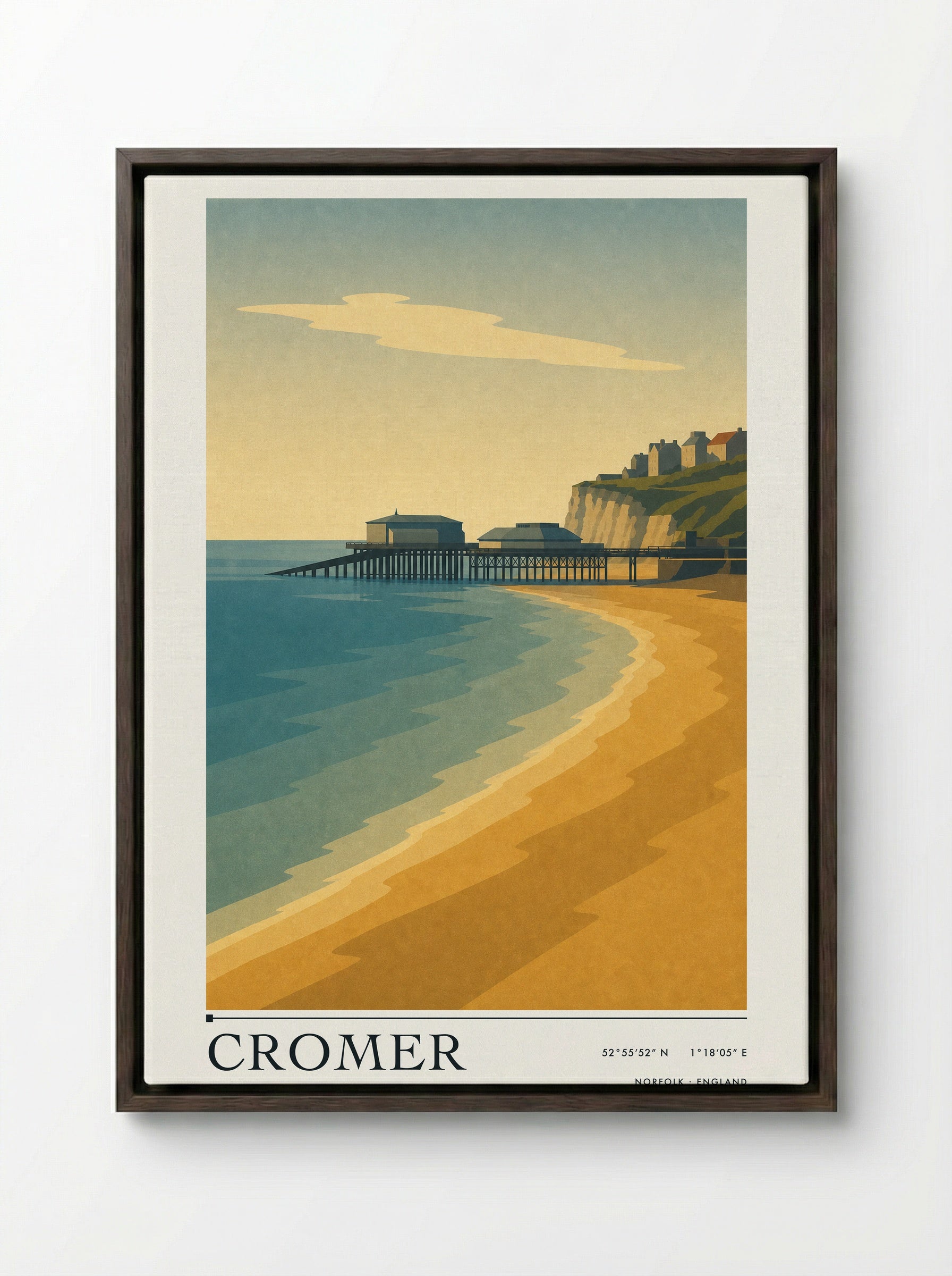 Cromer Travel Poster Artwork - Framed Canvas Dark Wood