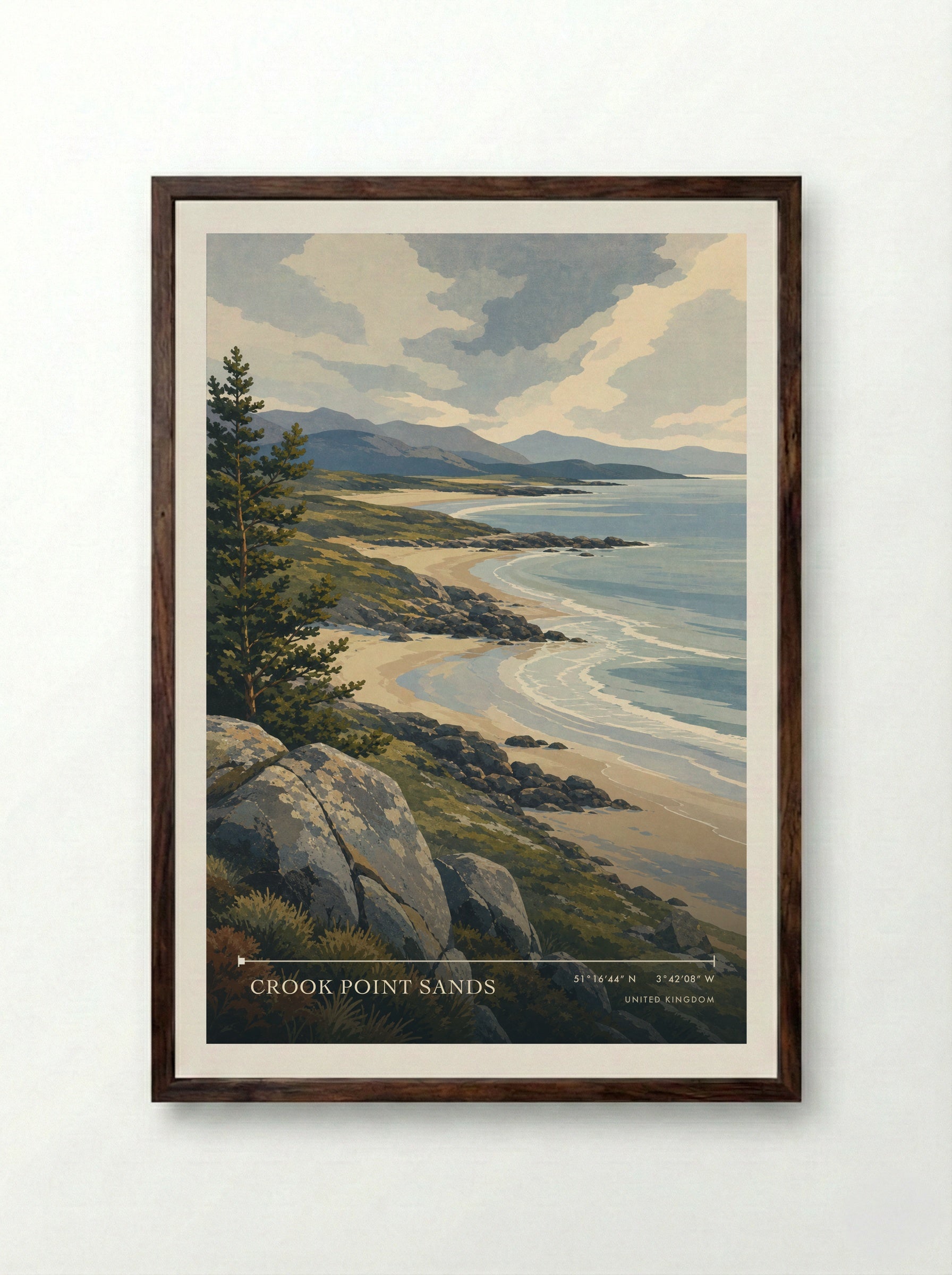 Crook Point Sands United Kingdom Travel Poster - Framed Print Dark Wood