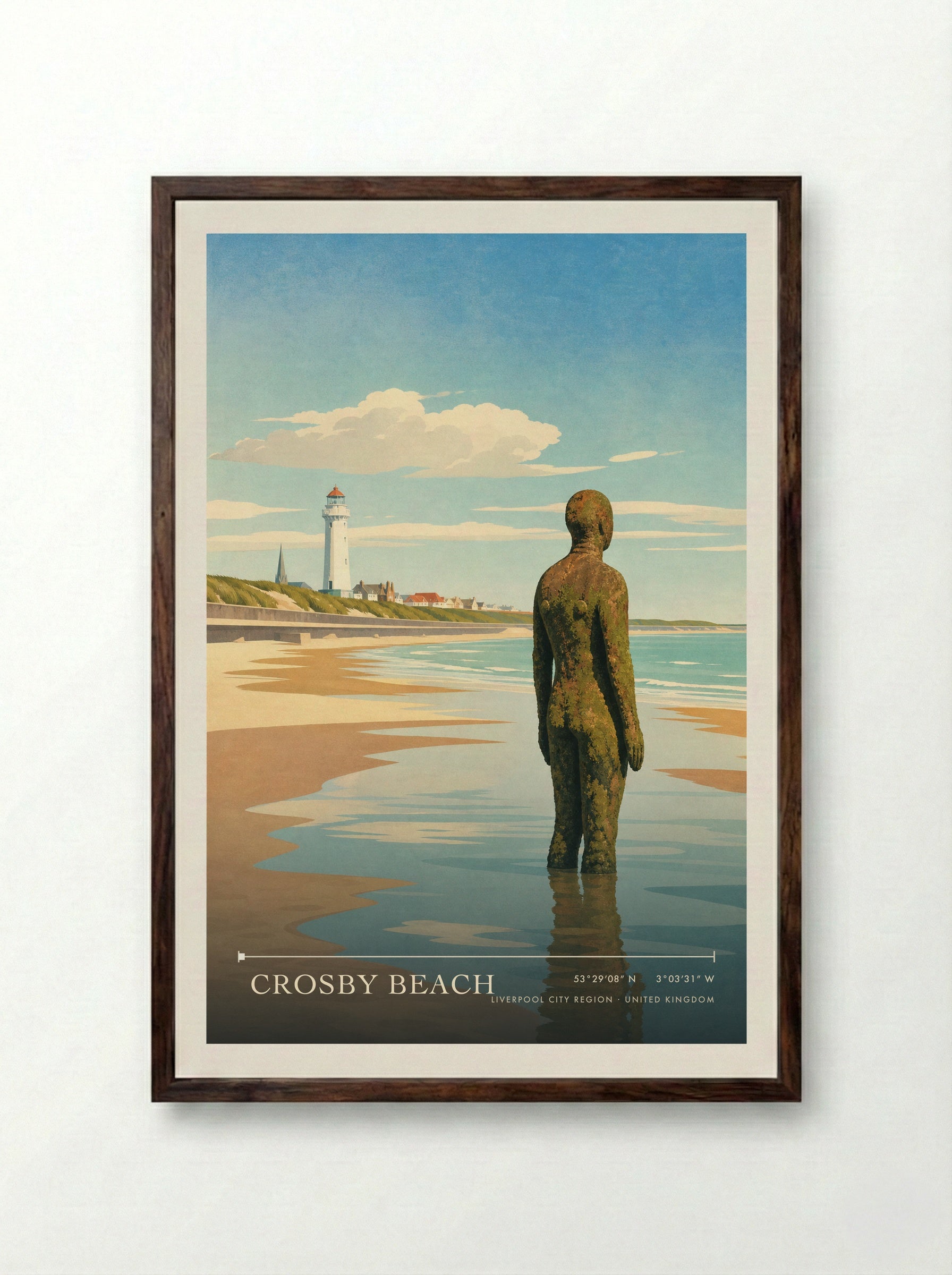 Crosby Beach Liverpool City Region United Kingdom Travel Poster - Framed Print Dark Wood