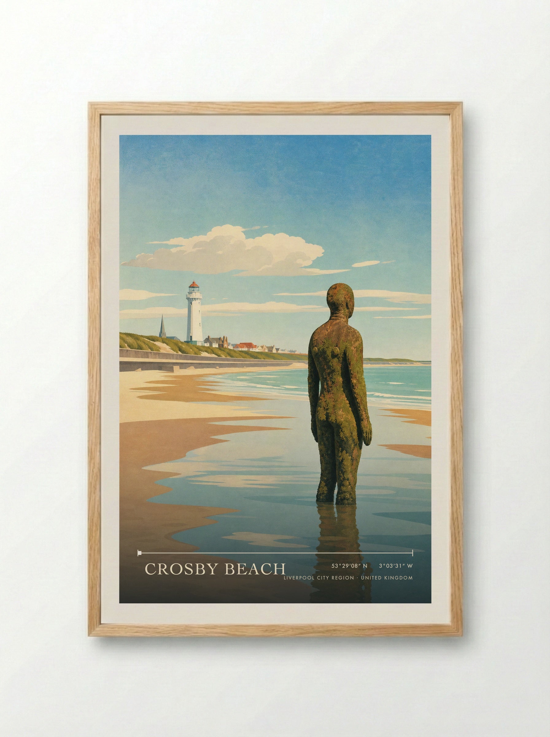 Crosby Beach Liverpool City Region United Kingdom Travel Poster - Framed Print Wood
