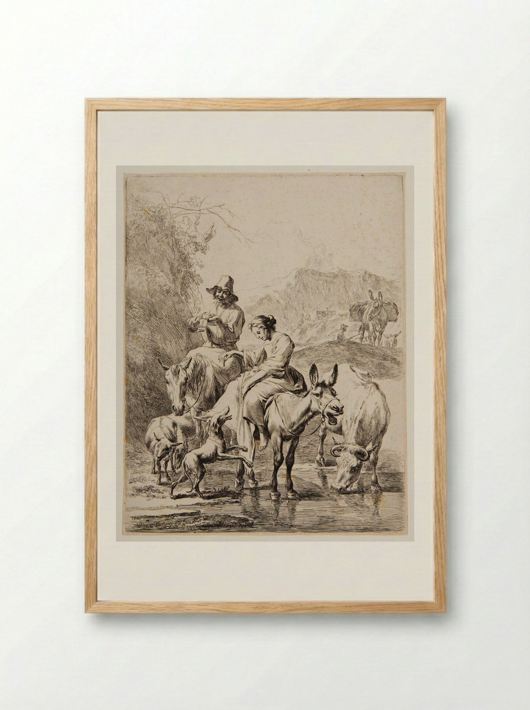 Crossing the Brook - Nicolaes Berchem the Elder - Framed Print Wood