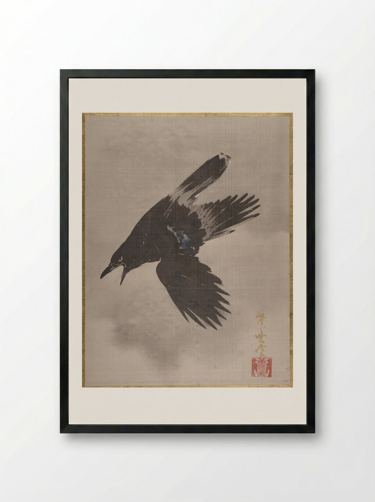 Crow Flying in the Snow - Kawanabe Kyōsai - Framed Print Black