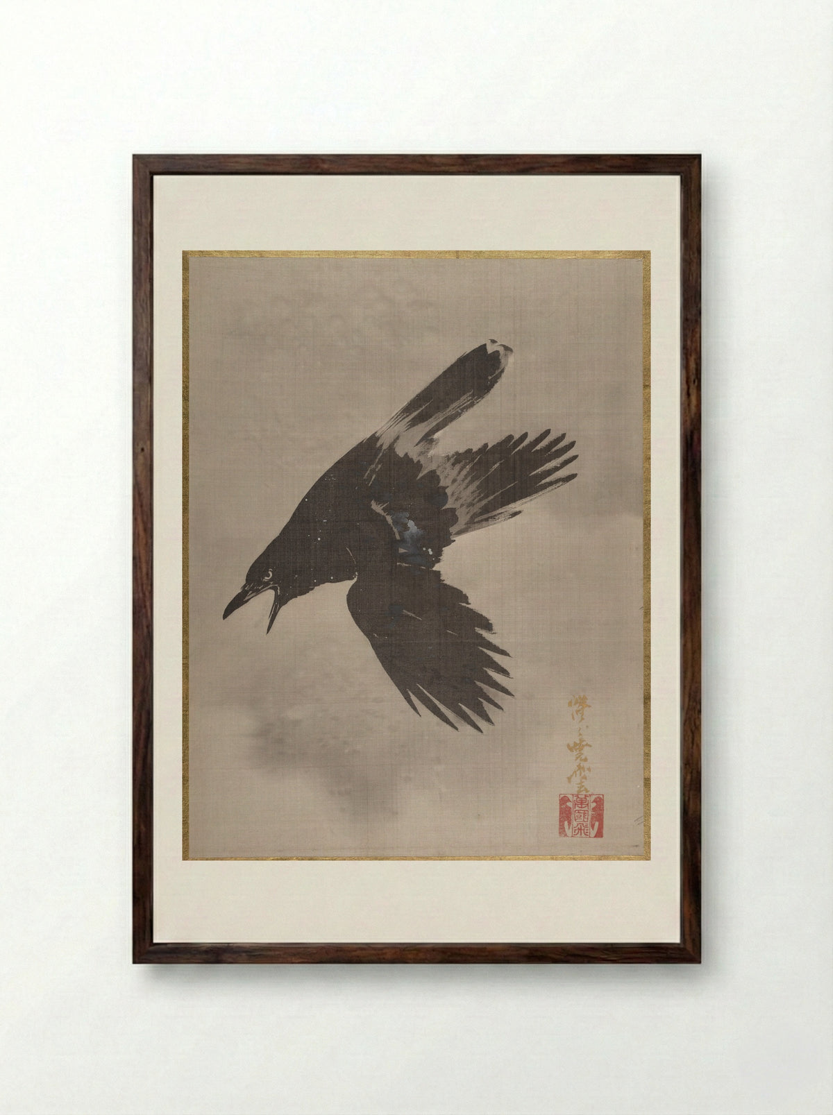 Crow Flying in the Snow - Kawanabe Kyōsai - Framed Print Dark Wood