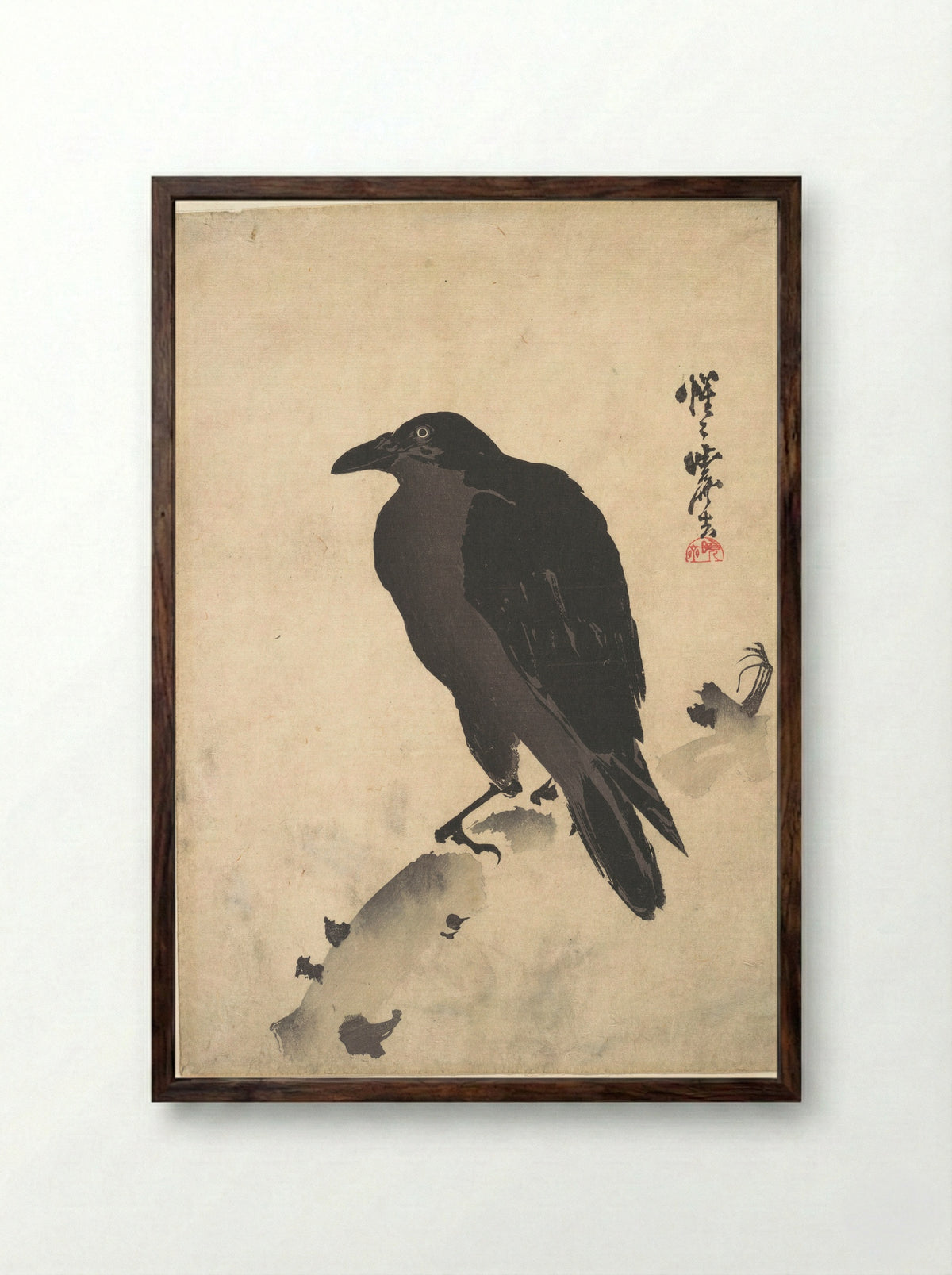 Crow Resting on Wood Trunk - Kawanabe Kyōsai - Framed Print Dark Wood
