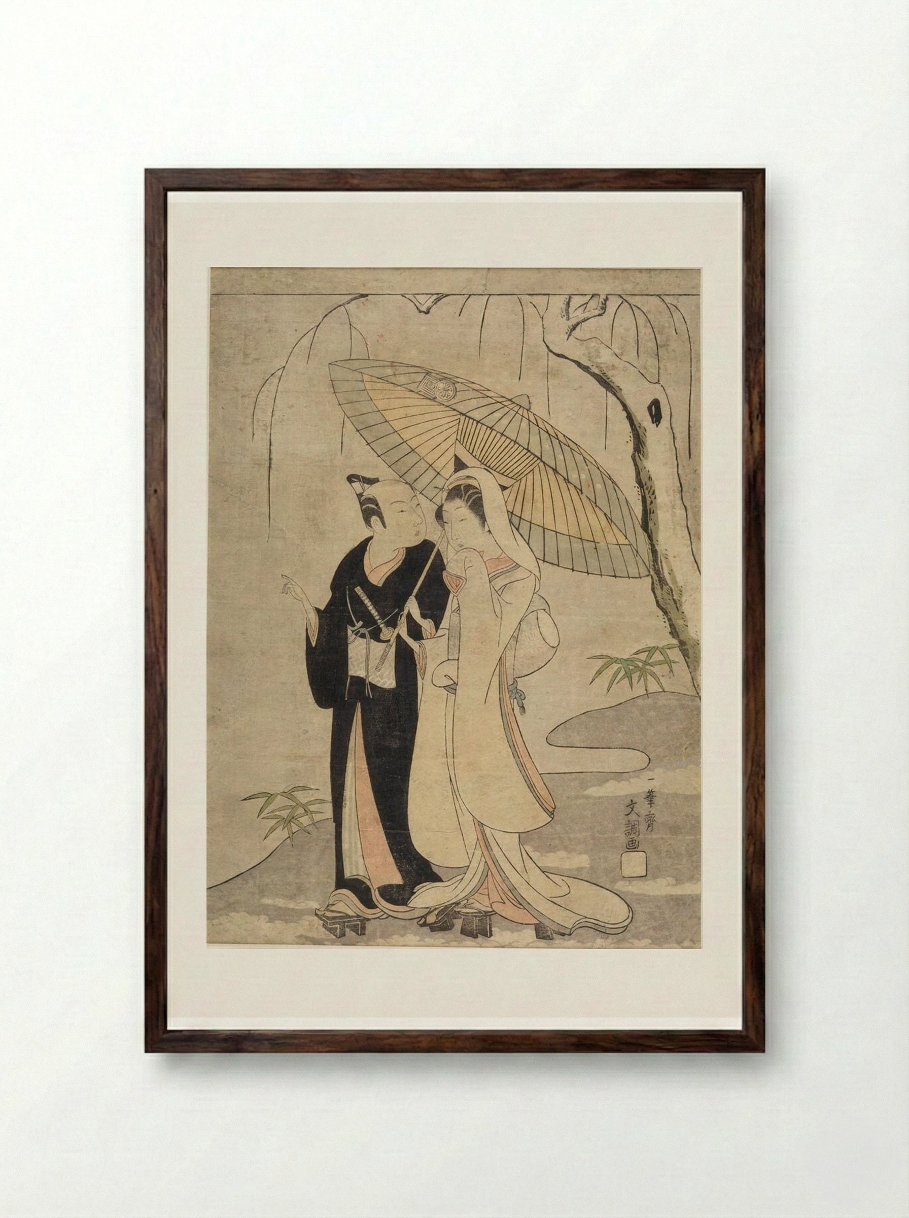 Crow and Heron: Actors Ichikawa Yaozo II and Segawa Kikunojo II as Two Young Lovers - Ippitsusai Bunchō - Framed Print Dark Wood