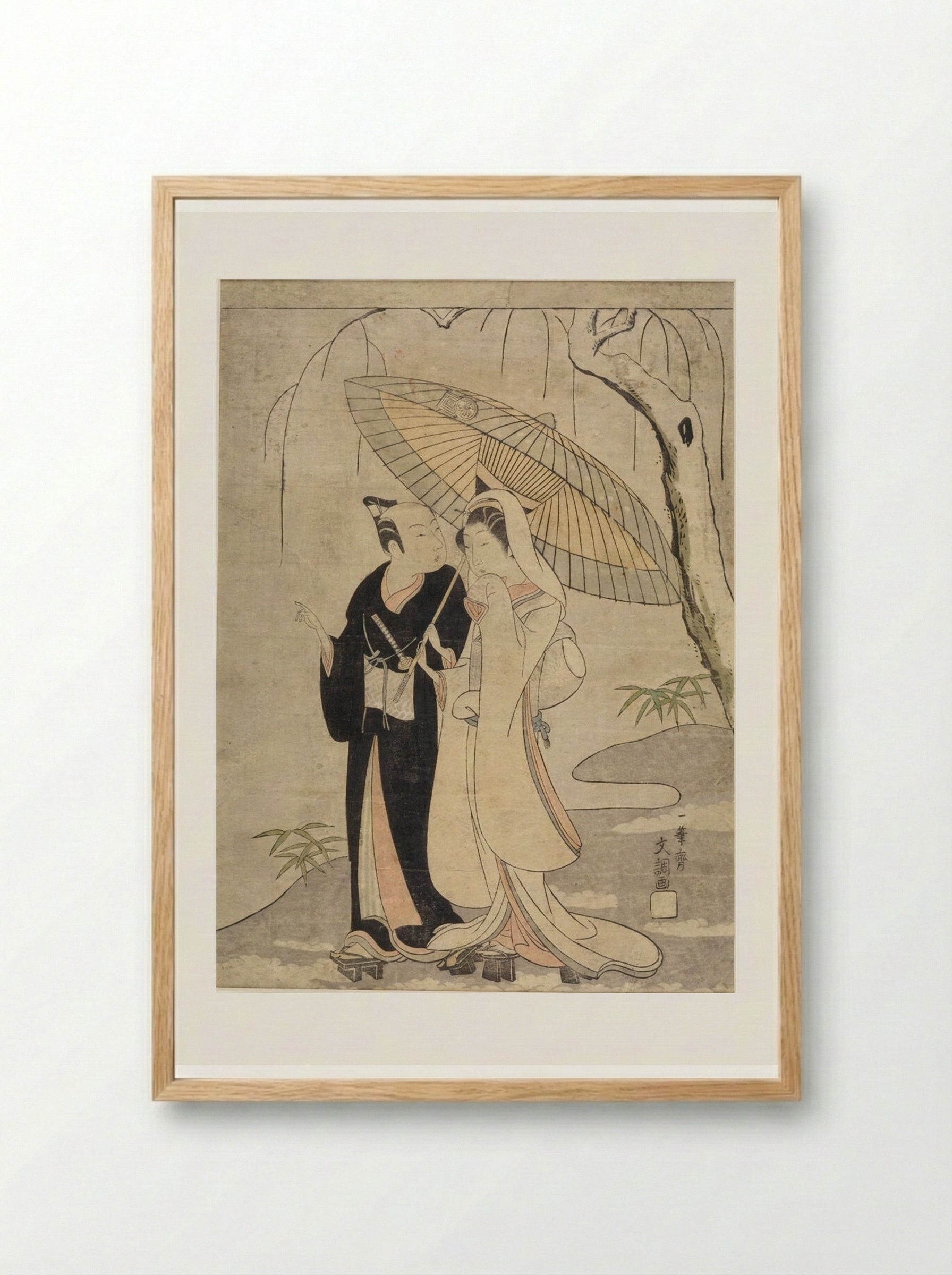Crow and Heron: Actors Ichikawa Yaozo II and Segawa Kikunojo II as Two Young Lovers - Ippitsusai Bunchō - Framed Print Wood