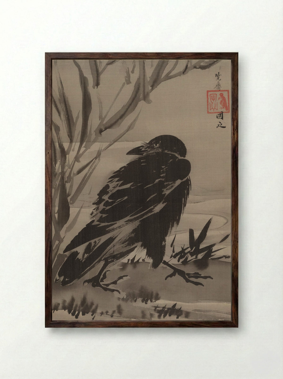 Crow and Reeds by a Stream - Kawanabe Kyōsai - Framed Print Dark Wood