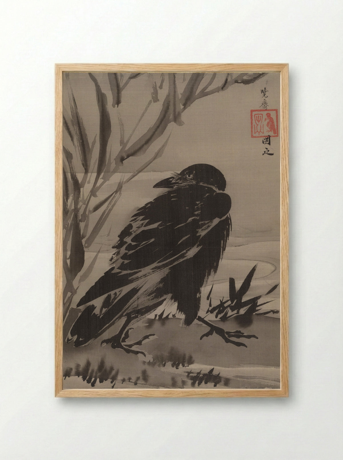 Crow and Reeds by a Stream - Kawanabe Kyōsai - Framed Print Wood