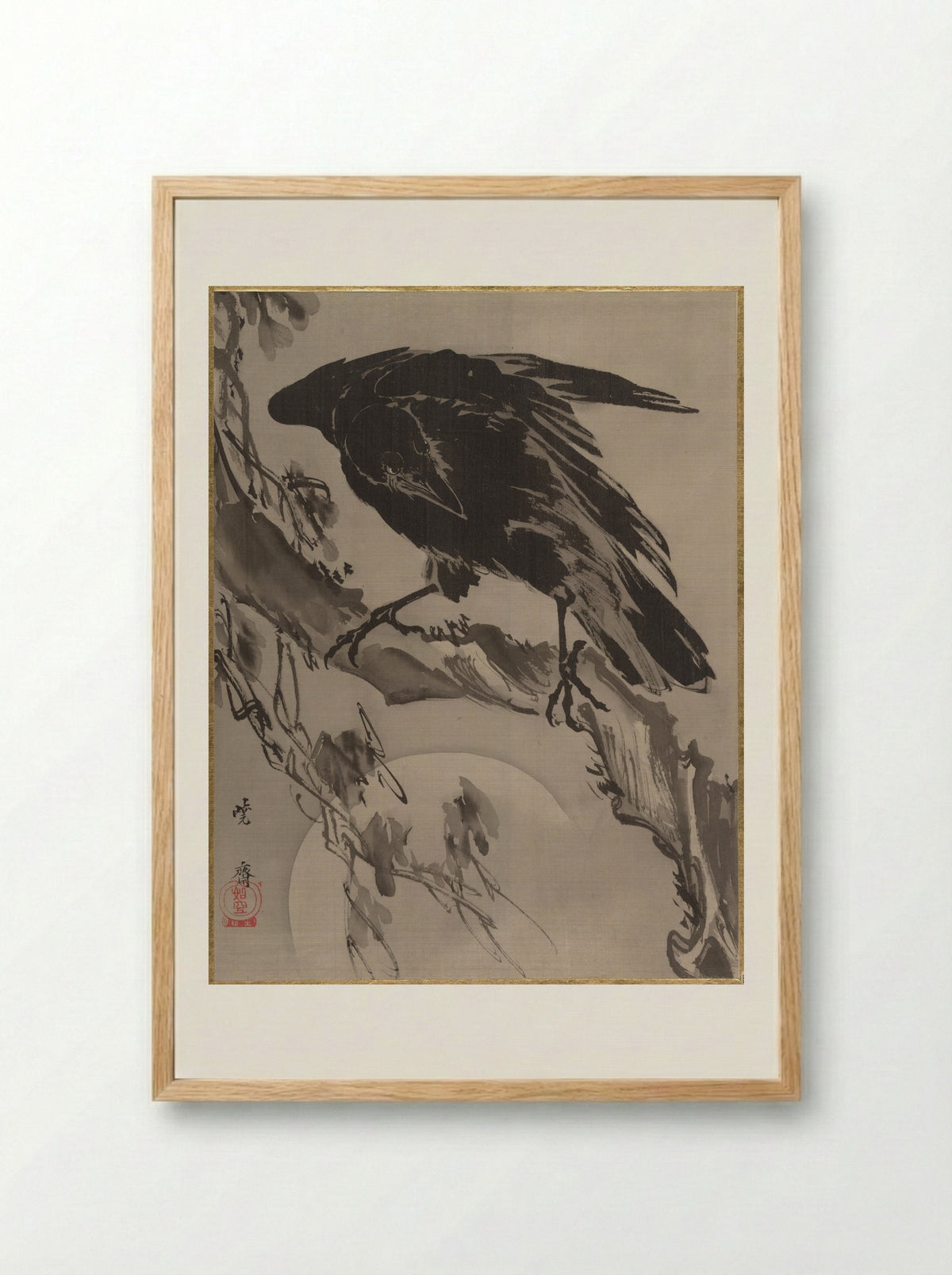 Crow and the Moon - Kawanabe Kyōsai - Framed Print Wood
