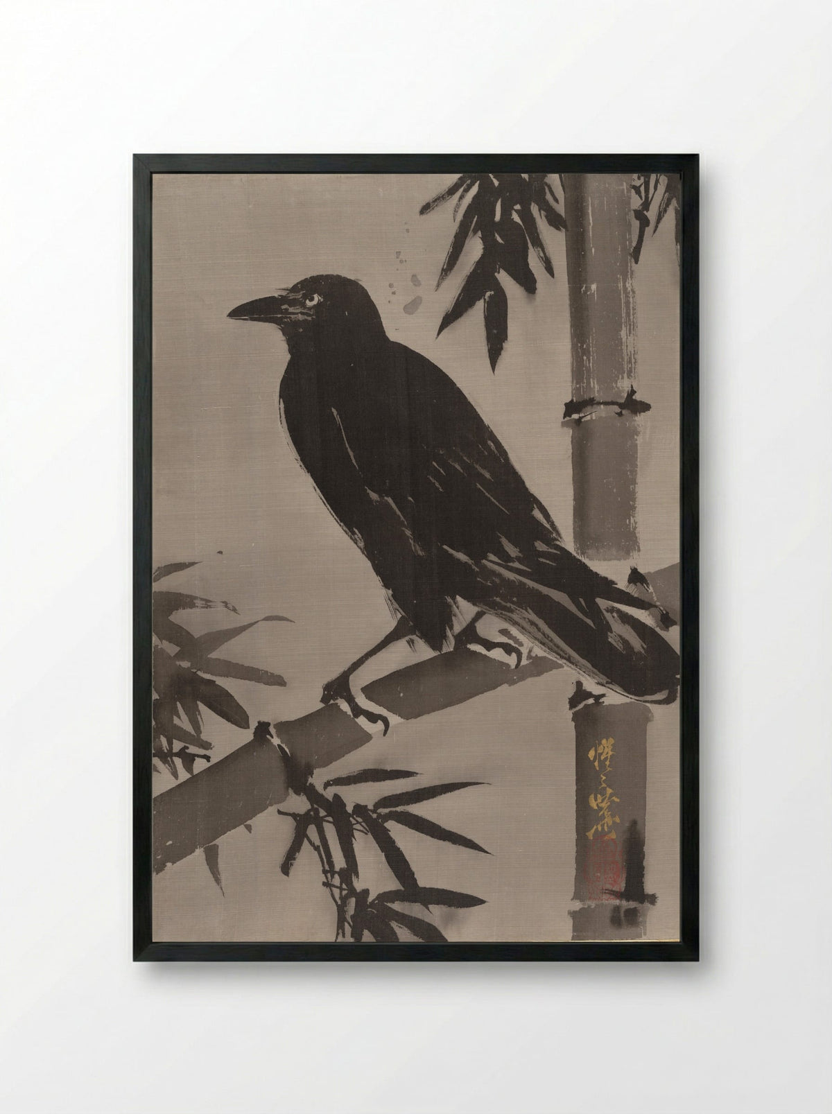 Crow on a Bamboo Branch - Kawanabe Kyōsai - Framed Print Black