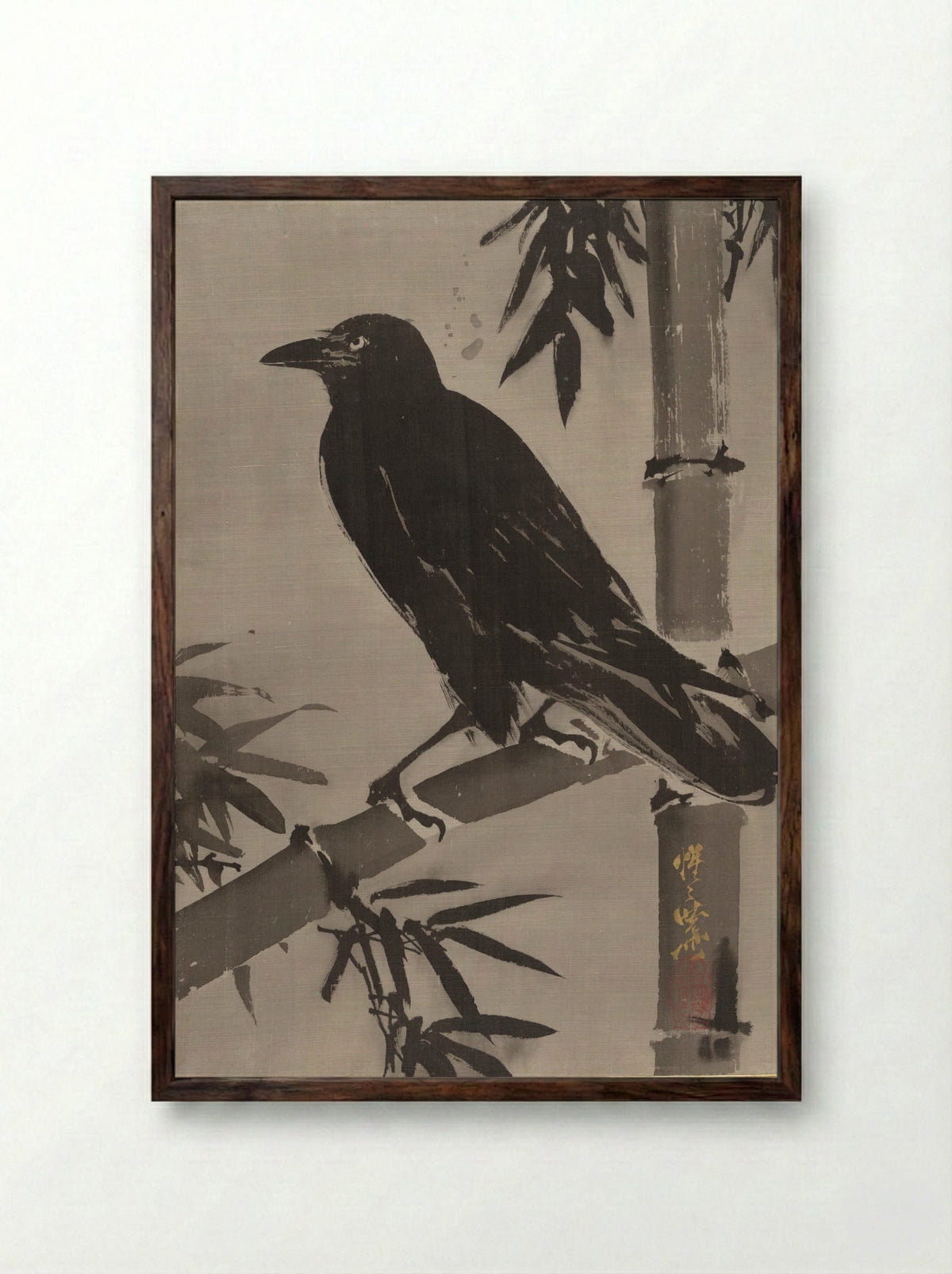 Crow on a Bamboo Branch - Kawanabe Kyōsai - Framed Print Dark Wood