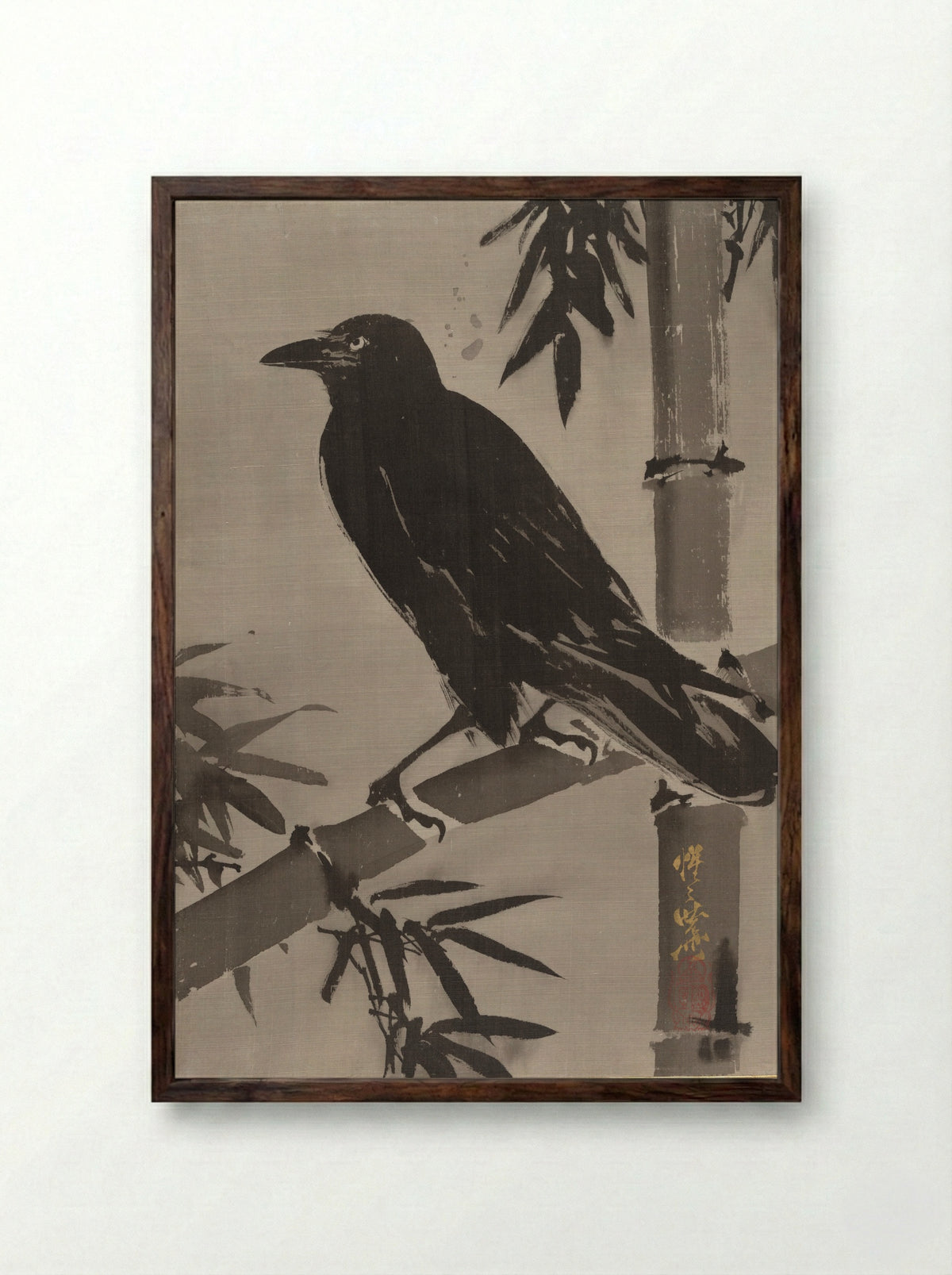 Crow on a Bamboo Branch - Kawanabe Kyōsai - Framed Print Dark Wood