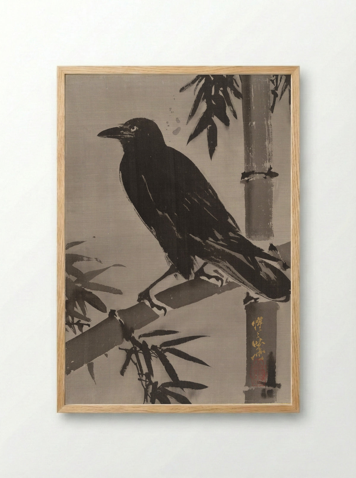 Crow on a Bamboo Branch - Kawanabe Kyōsai - Framed Print Wood